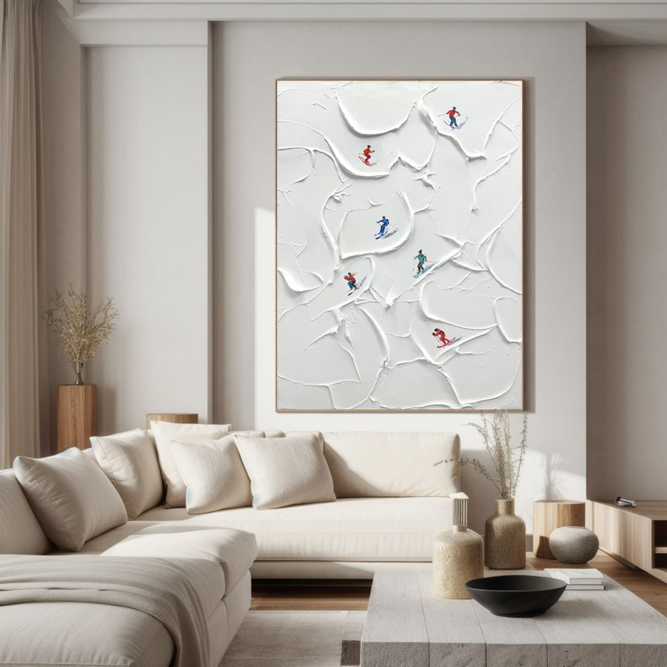 White Textured Skiing Scene Canvas for Chic Interiors #SPA011