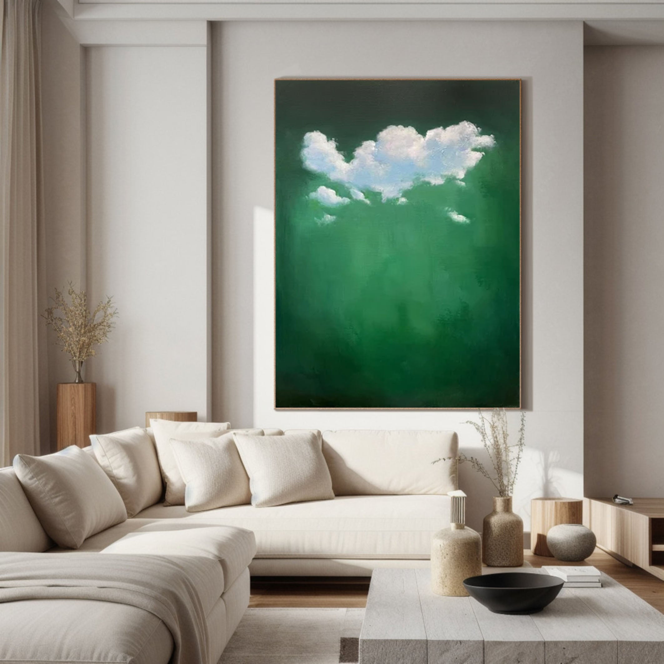 Abstract Cloudscape Wall Art in Green and White #SP004