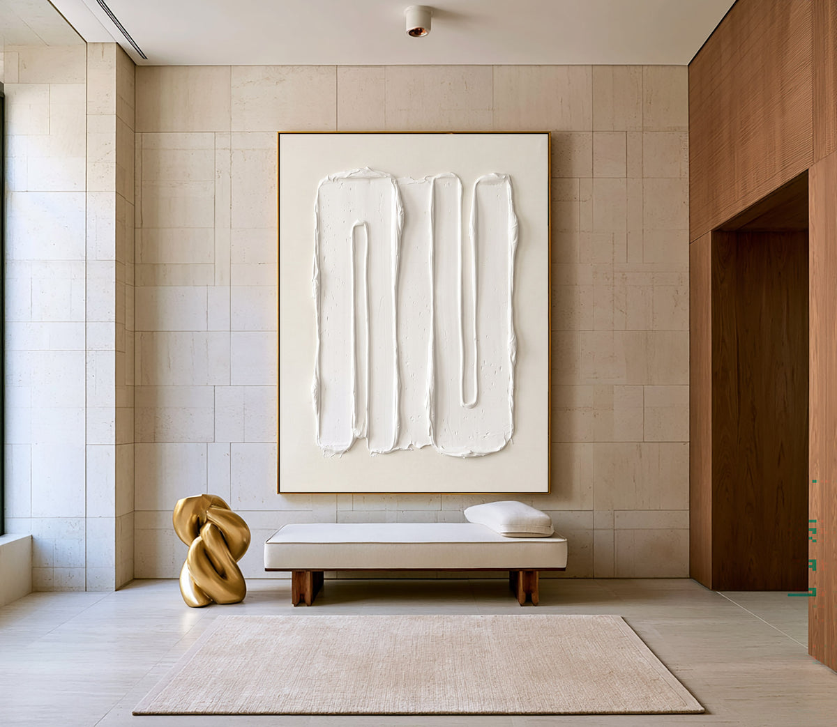 Large Modern Vertical Textured Relief Wall Art Ivory Abstract Oil Painting Sculptural Raised Lines Neutral Minimalist Contemporary Luxury Home Decor