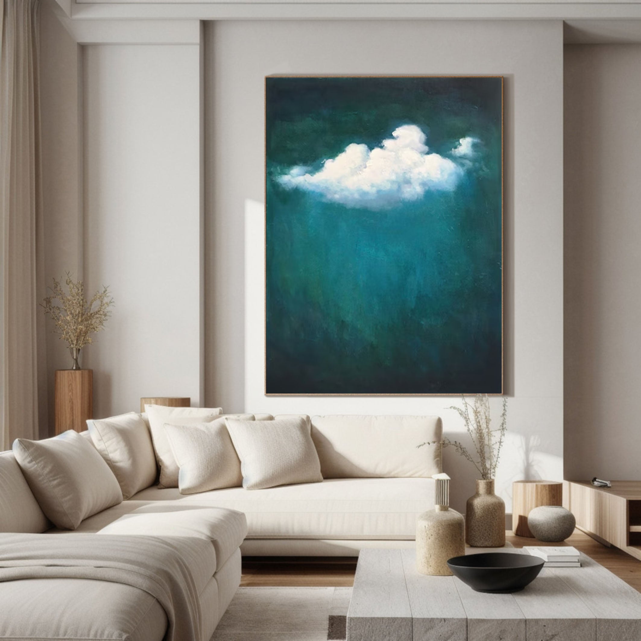 Modern Nature-Inspired Green and Cloud Canvas Art #SP005