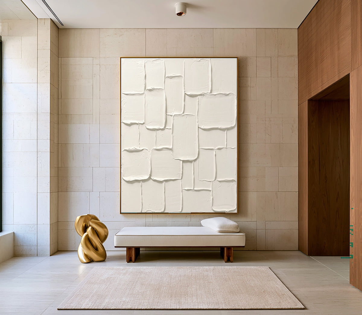 Large Ivory Modern Plaster Collage Wall Art Neutral Abstract Oil Painting Raised Rounded Rectangles Thick Impasto Texture Contemporary Minimalist Luxury Home Decor