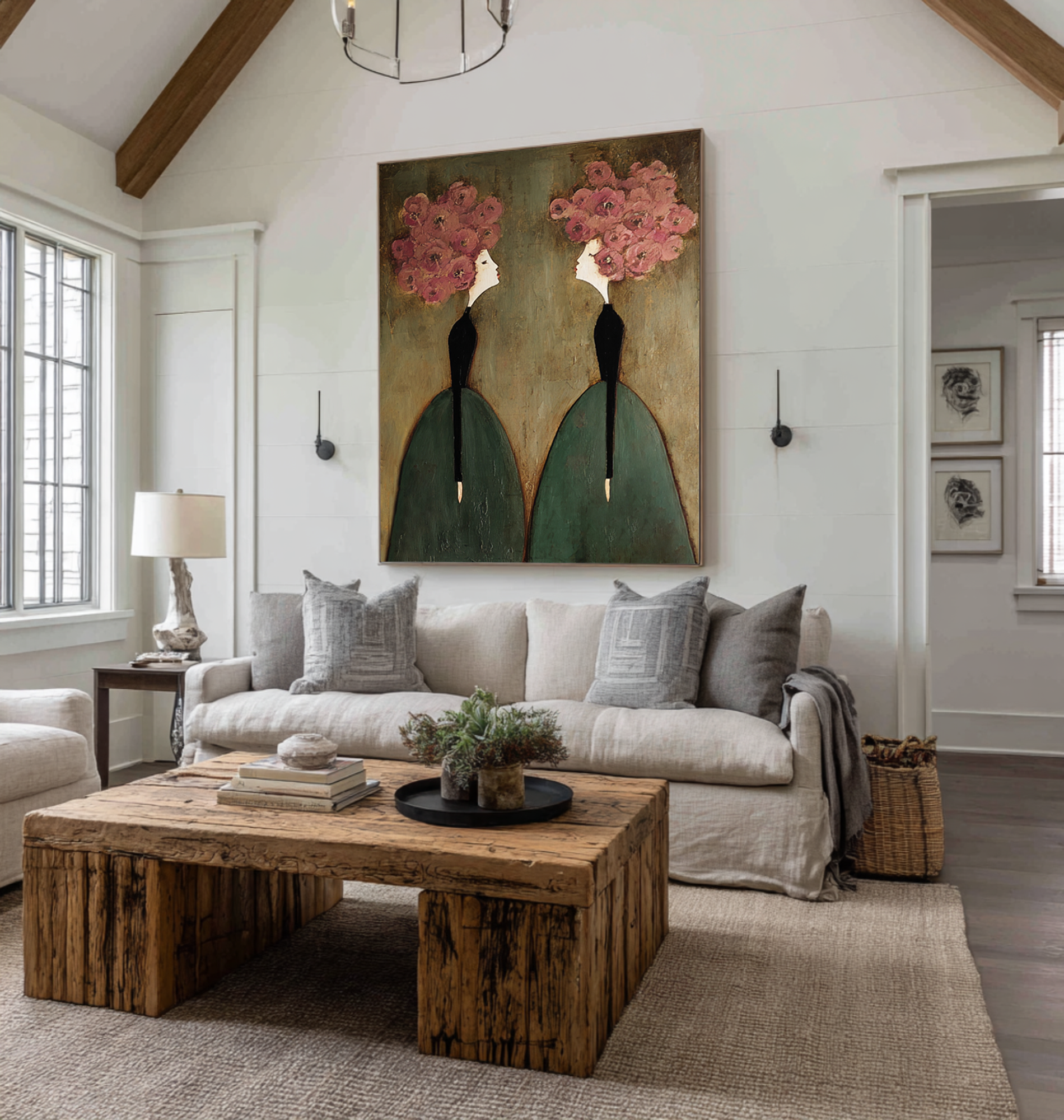 Large Figurative Oil Painting - Pink Floral Wall Art | KelorArt