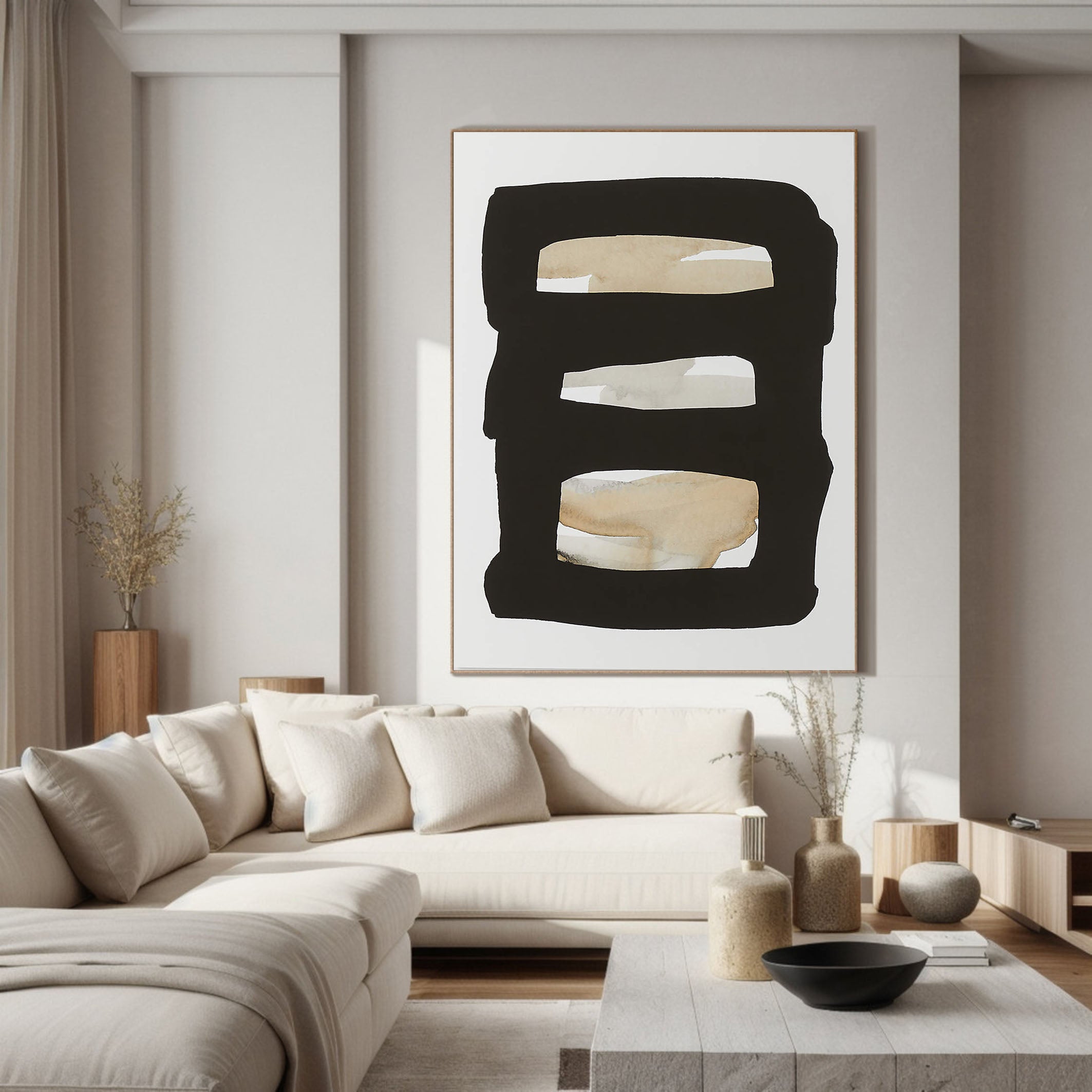 Framed Neutral Bands Abstract, Black and Beige, Minimalist Art #MM358