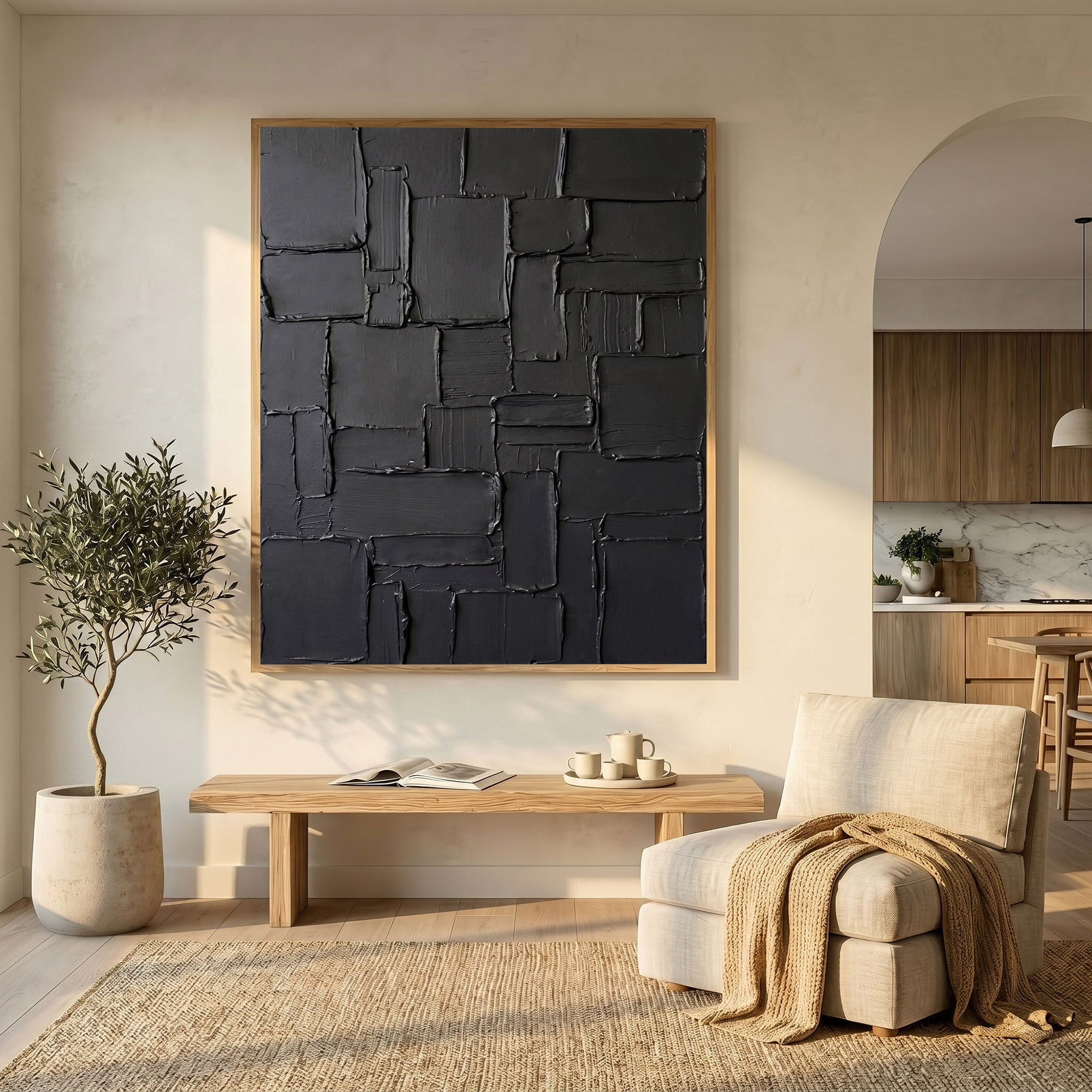 Modern Black Abstract Wall Art Textured 3D Relief Canvas Painting Architectural Minimalist Decor