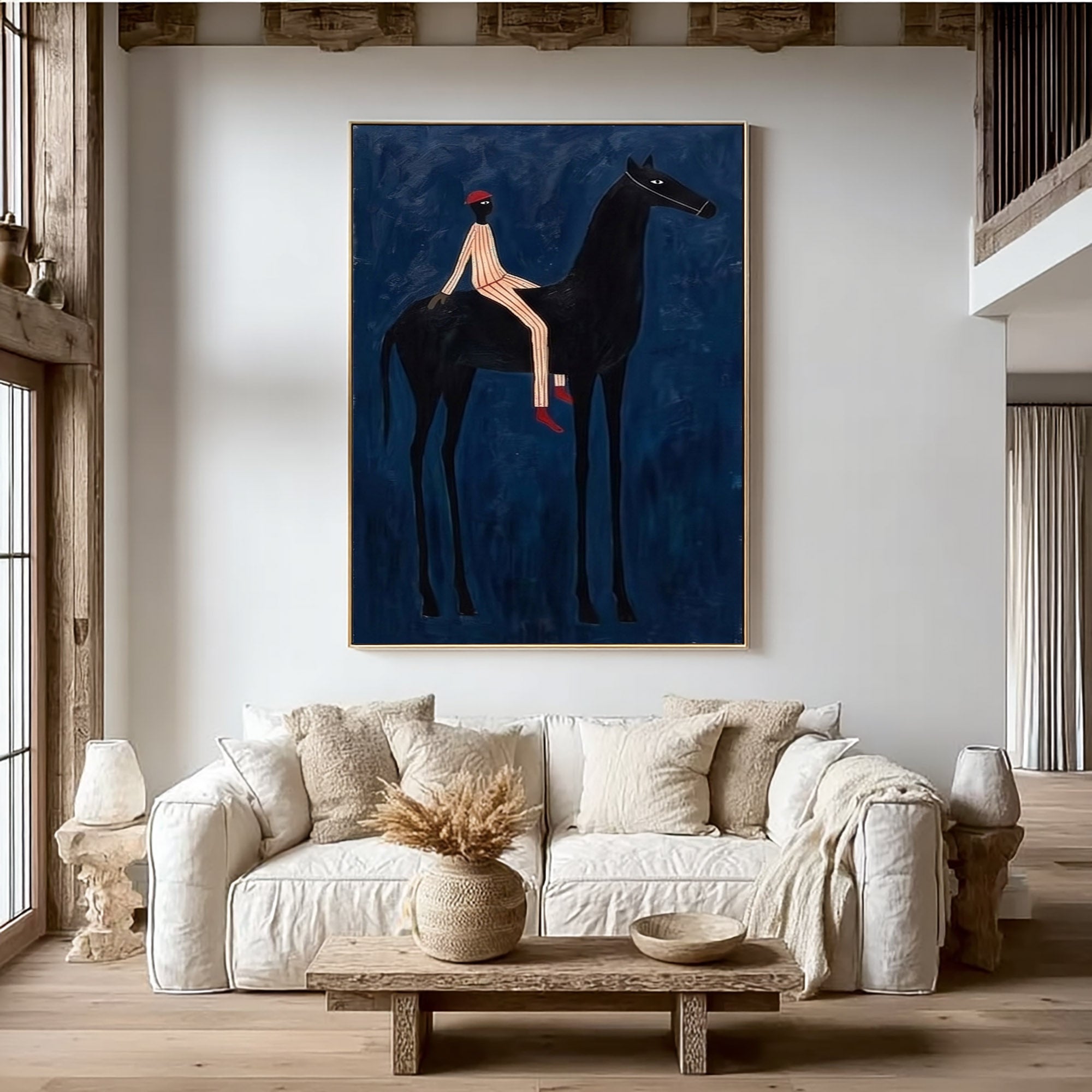 Large Cowboy Wall Art Blue Horse Painting Contemporary Western Decor