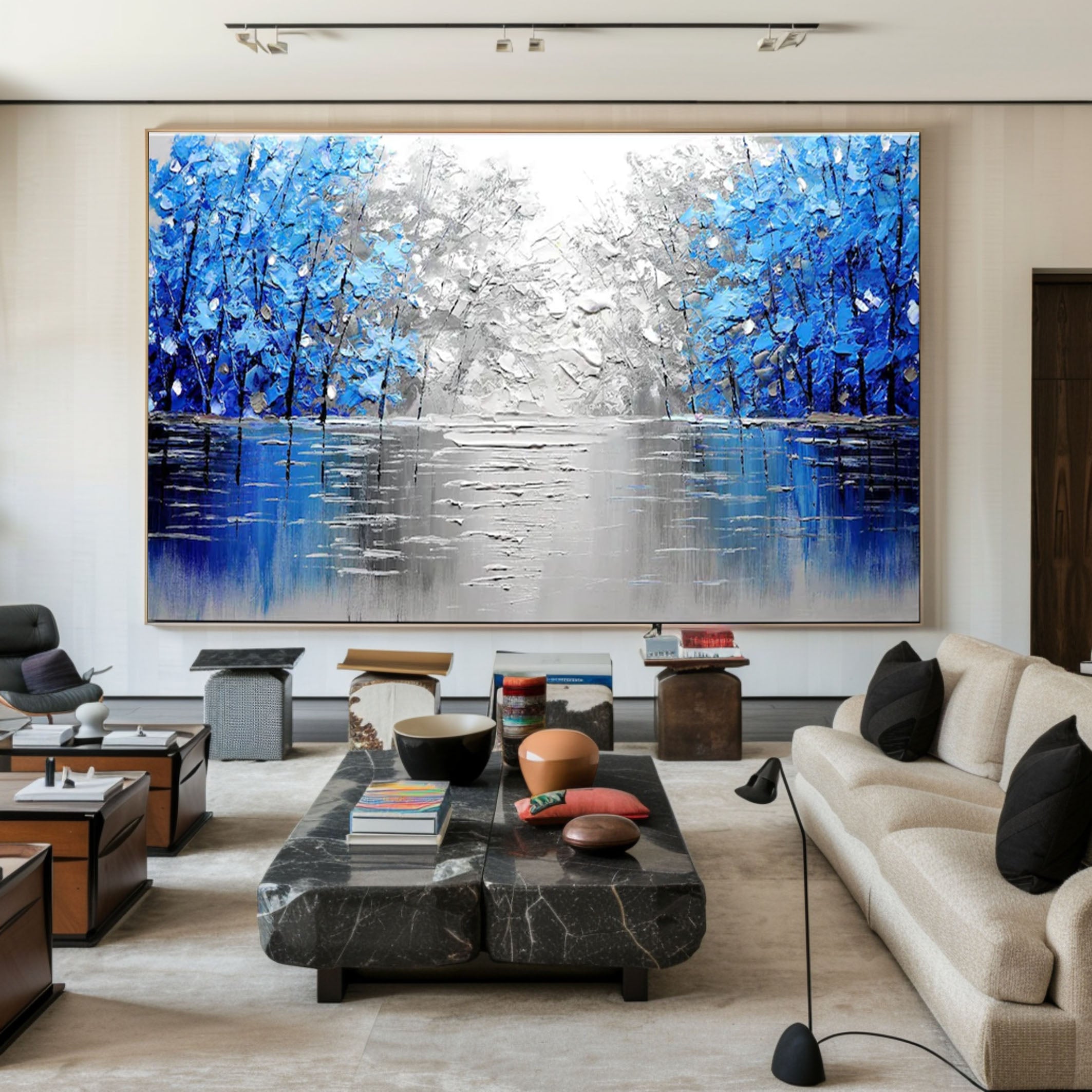 Mystical Blue and Silver Forest Painting for Modern Homes #TP045