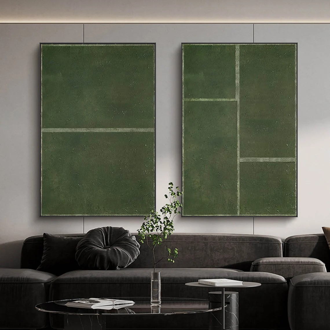 Green Minimalist Diptych Art with Geometric Lines #MM229