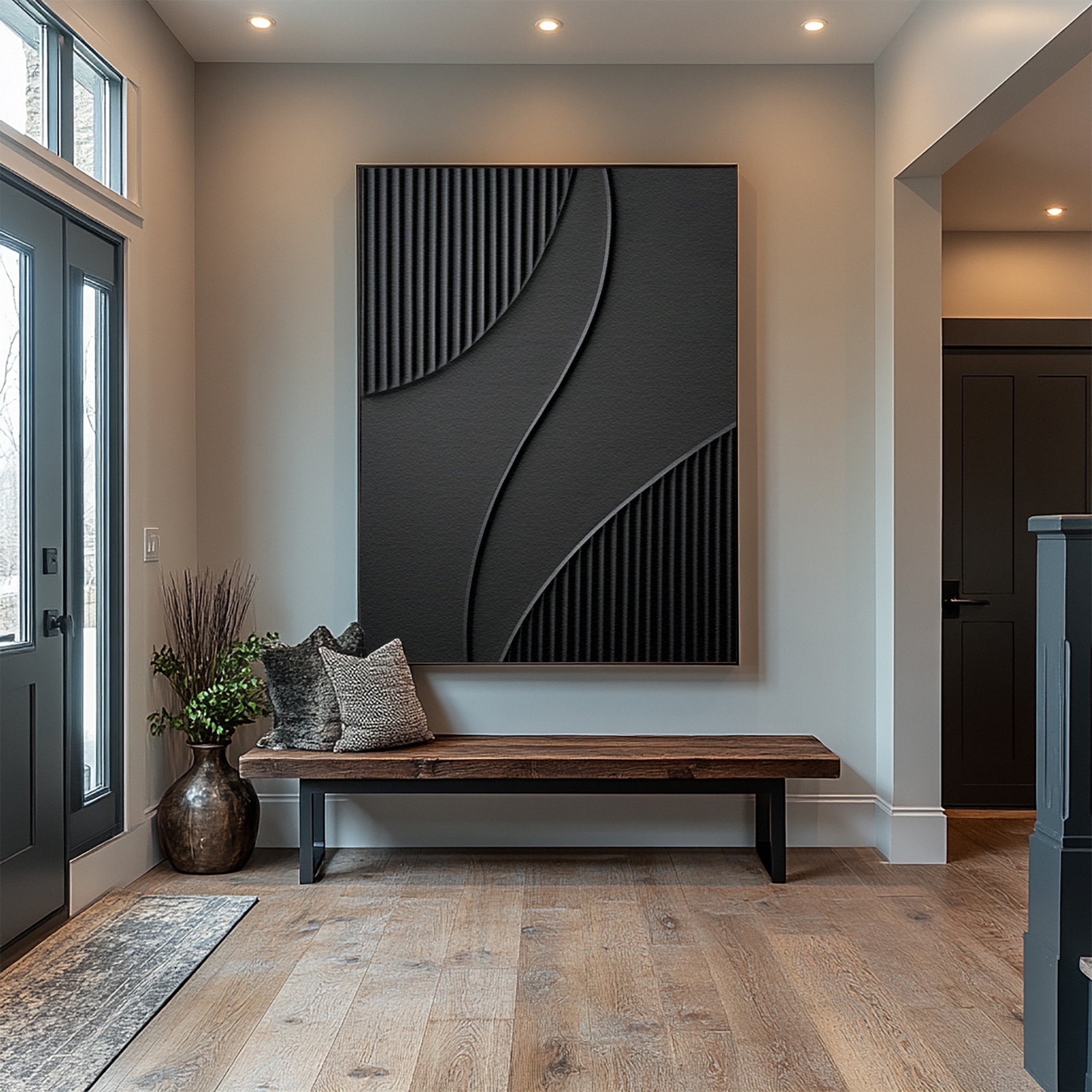 Deep Shadow Flow: Black Abstract Art with Textural Elements #MM610