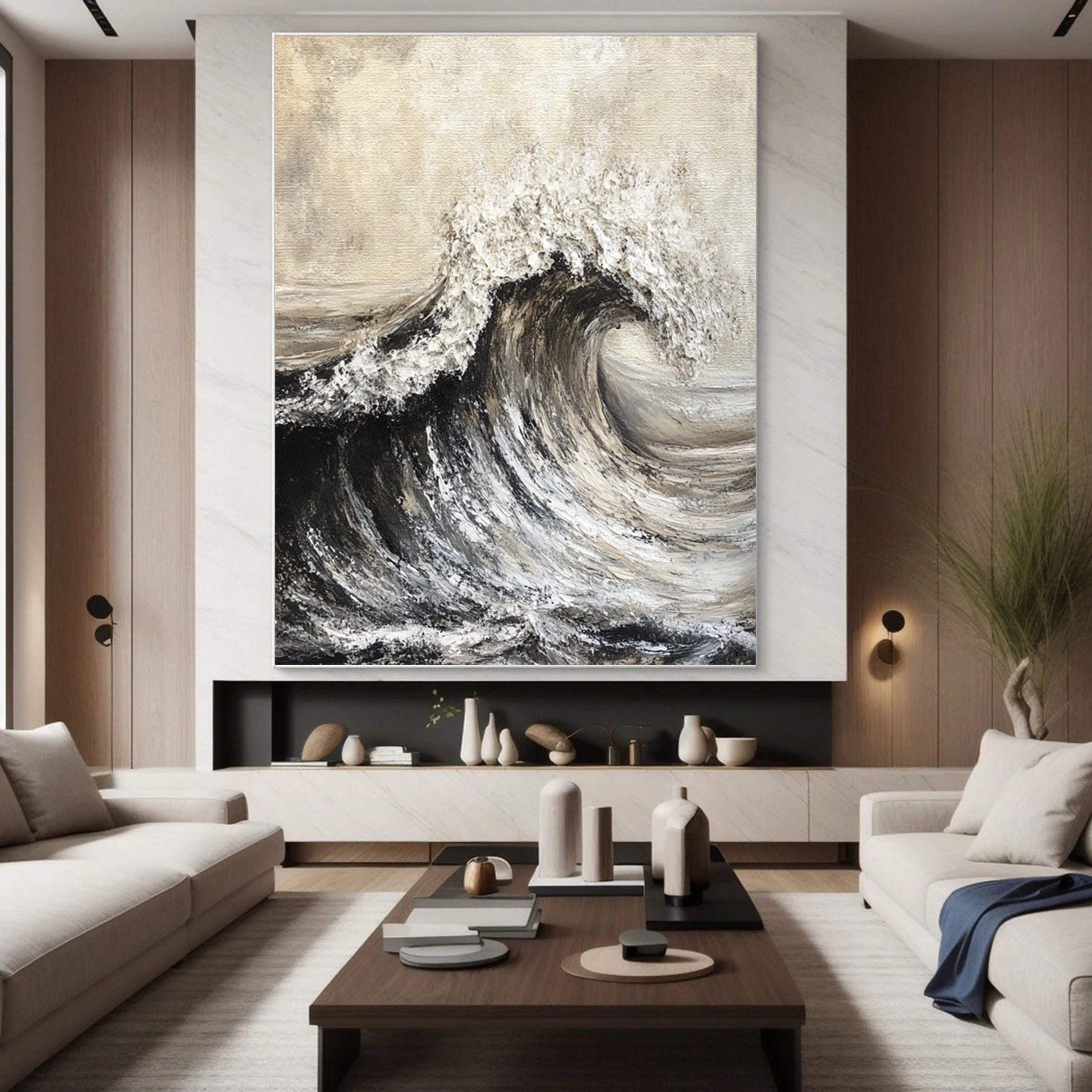 Abstract Coastal Wave Painting Textured Monochrome Canvas #OP042