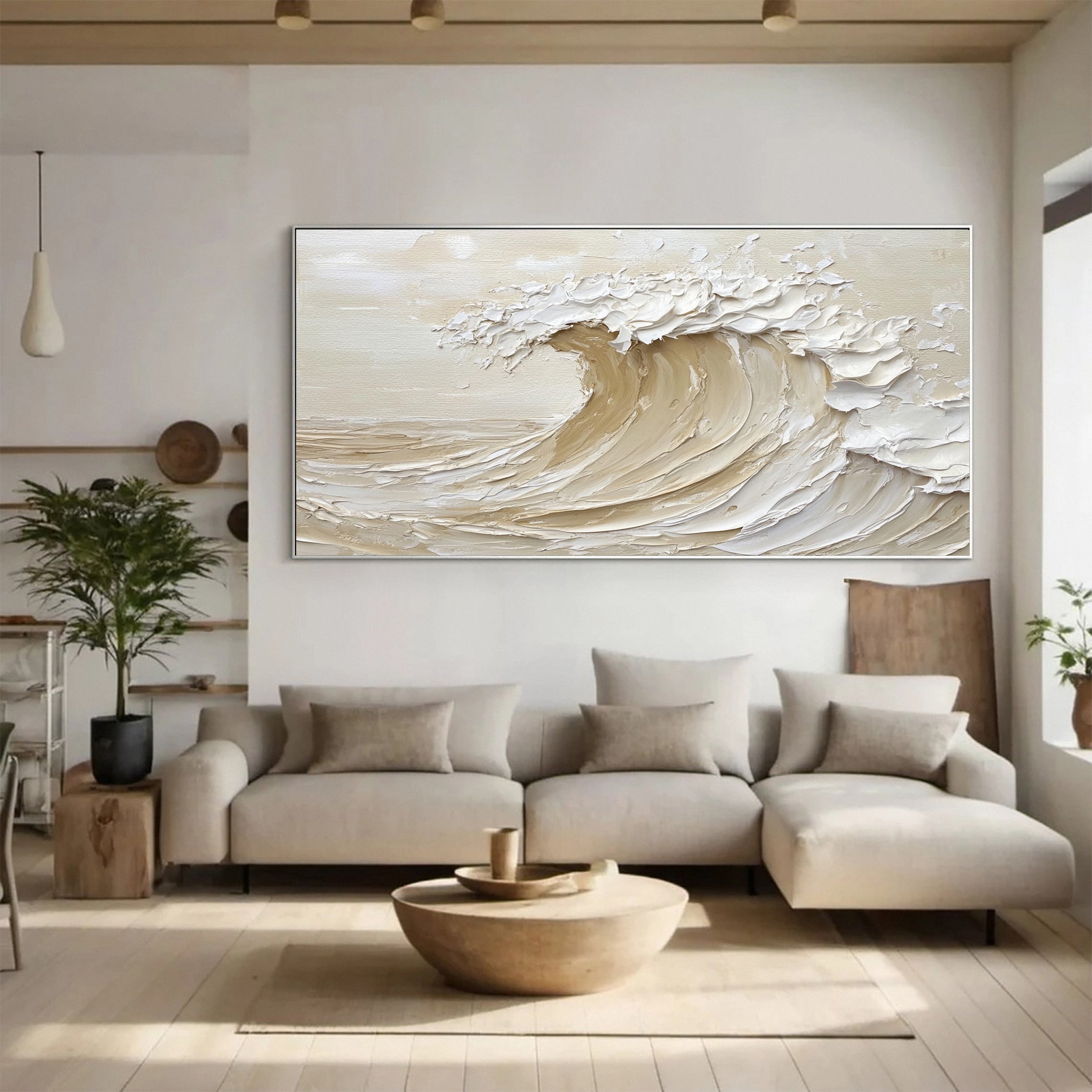 Luxury Coastal Wave Canvas Art Neutral Textured Painting #OP045