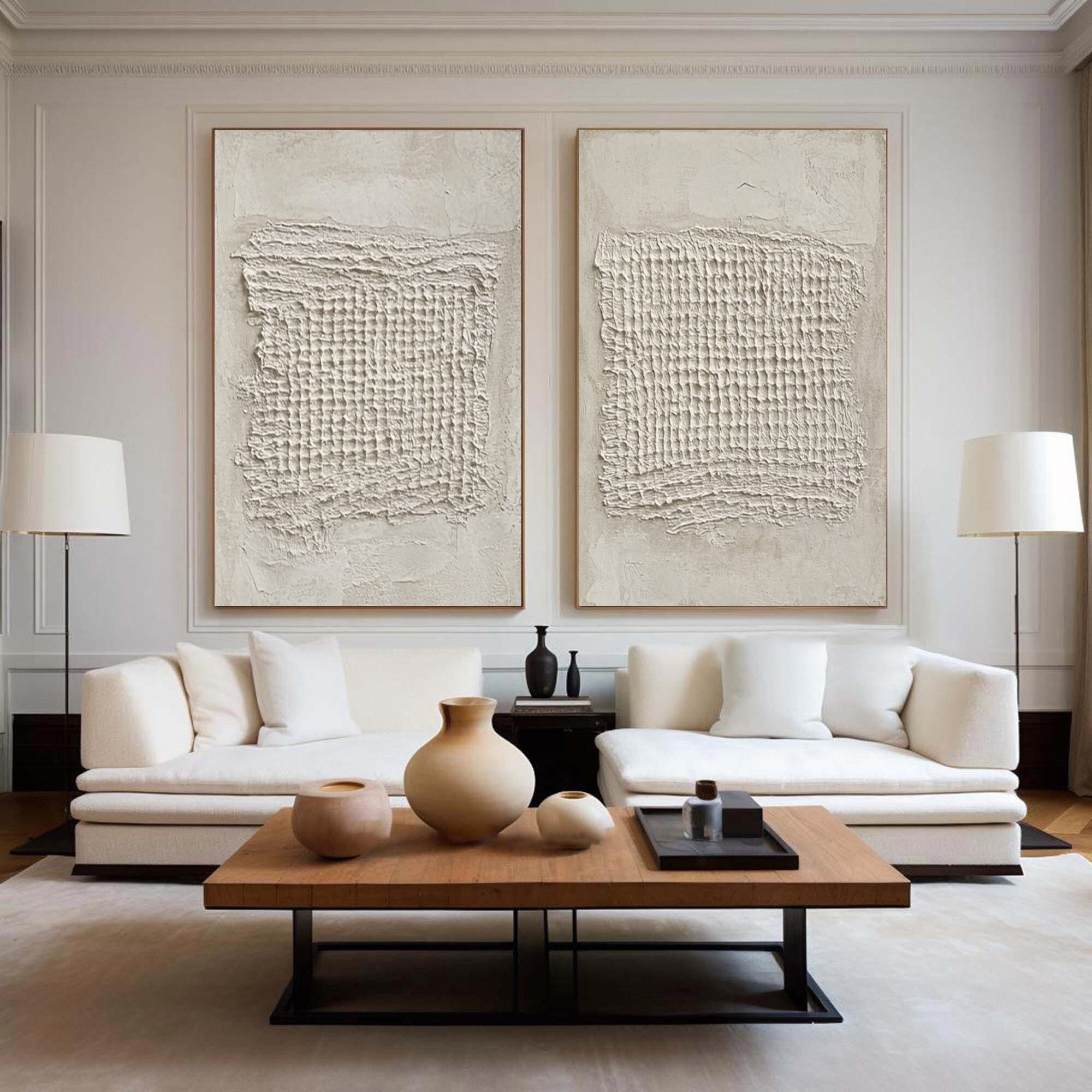 Sculpted Neutral Grid Diptych: Minimalist with Central Textures #MM603