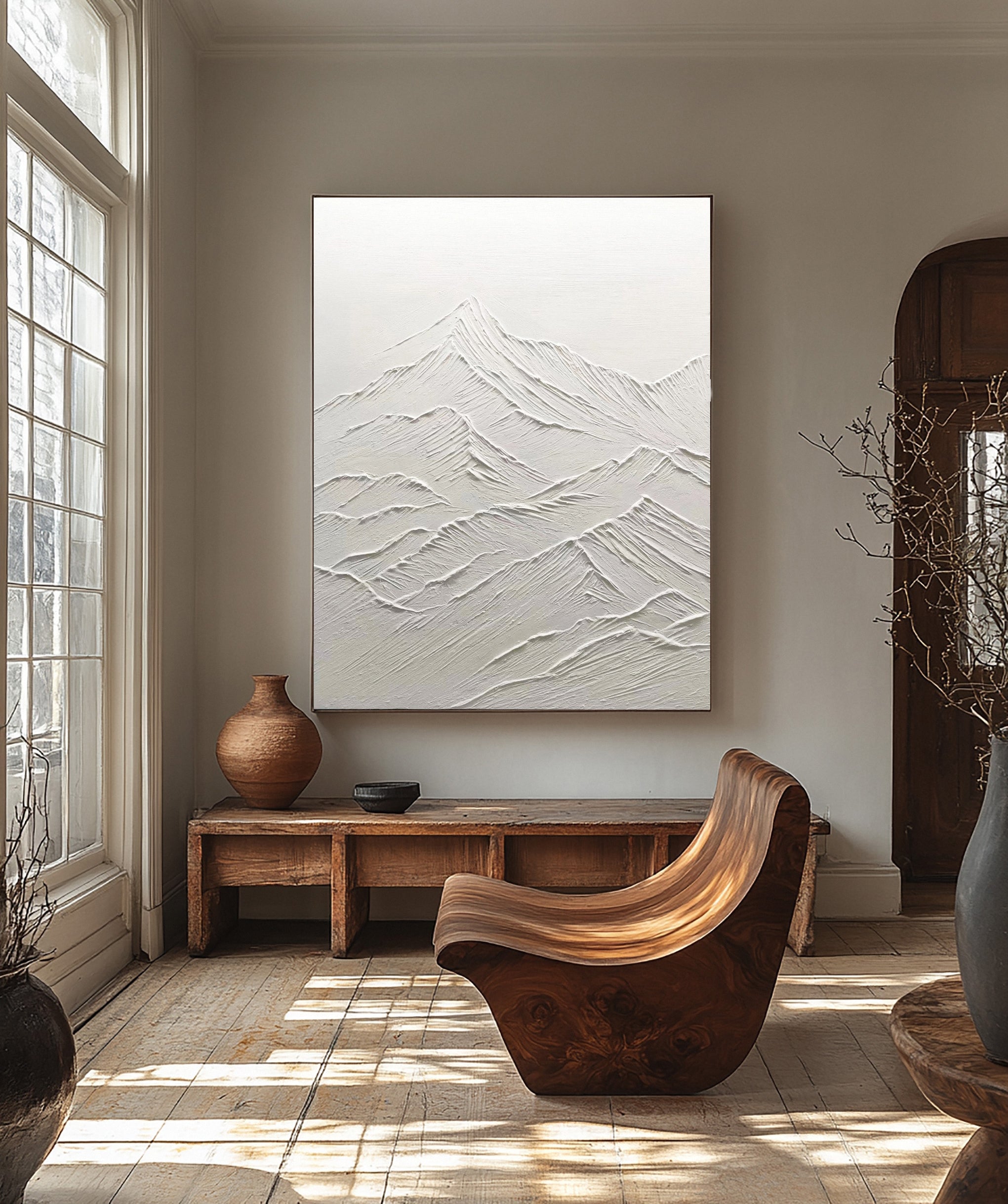 Ethereal White Peaks: Contemporary Canvas with Mountain Forms #MM625