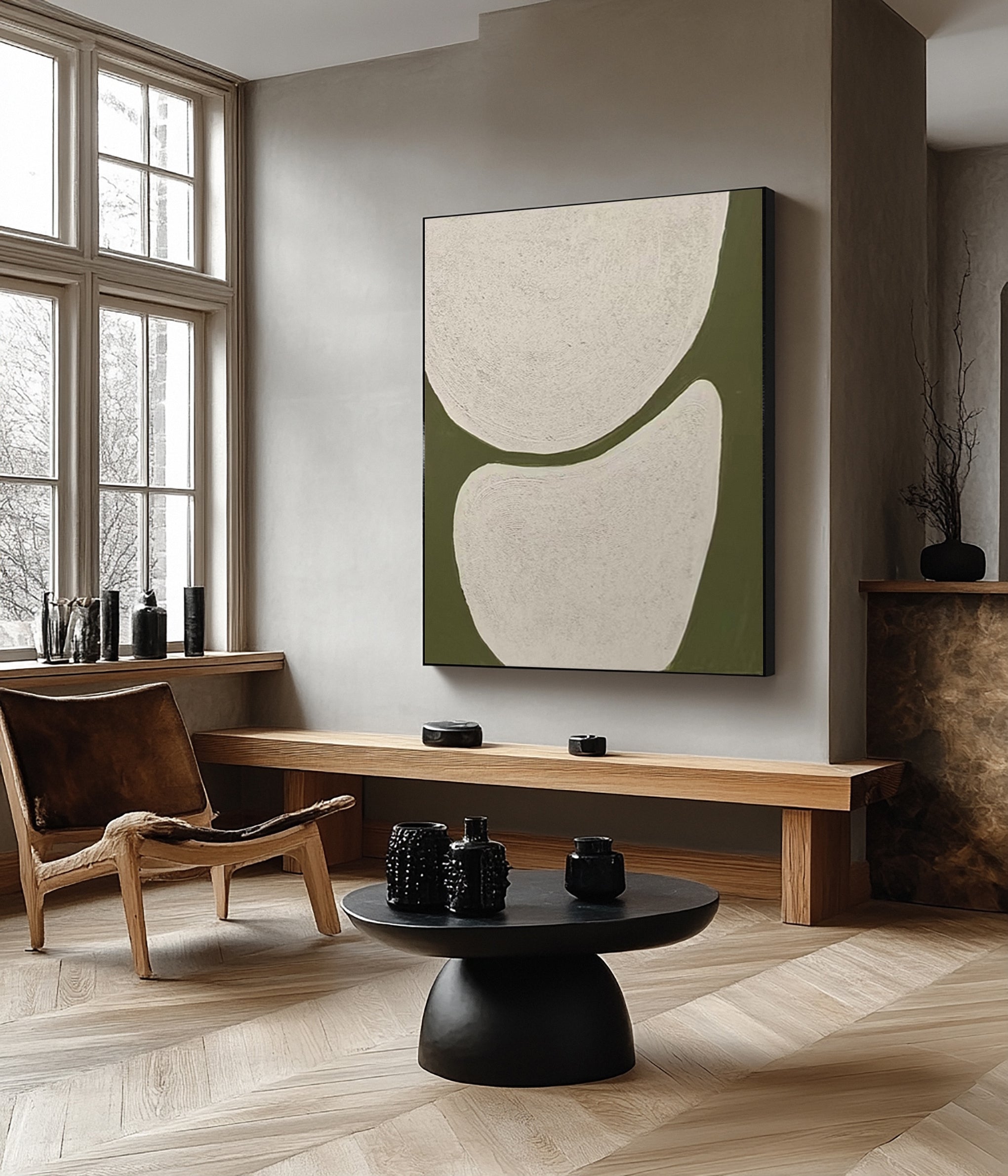 Minimalist Art with Textured Shapes in Olive and White #MM623