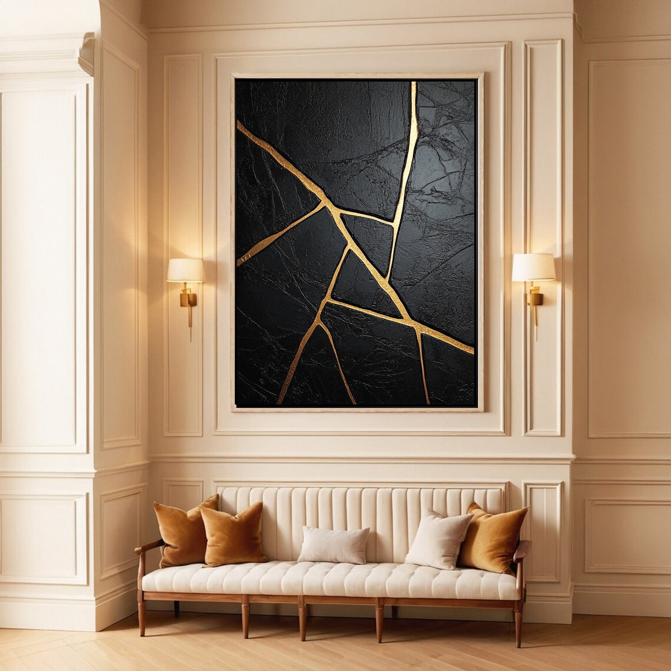 Modern Black Canvas with Gold Streaks Abstract Decor #MM108