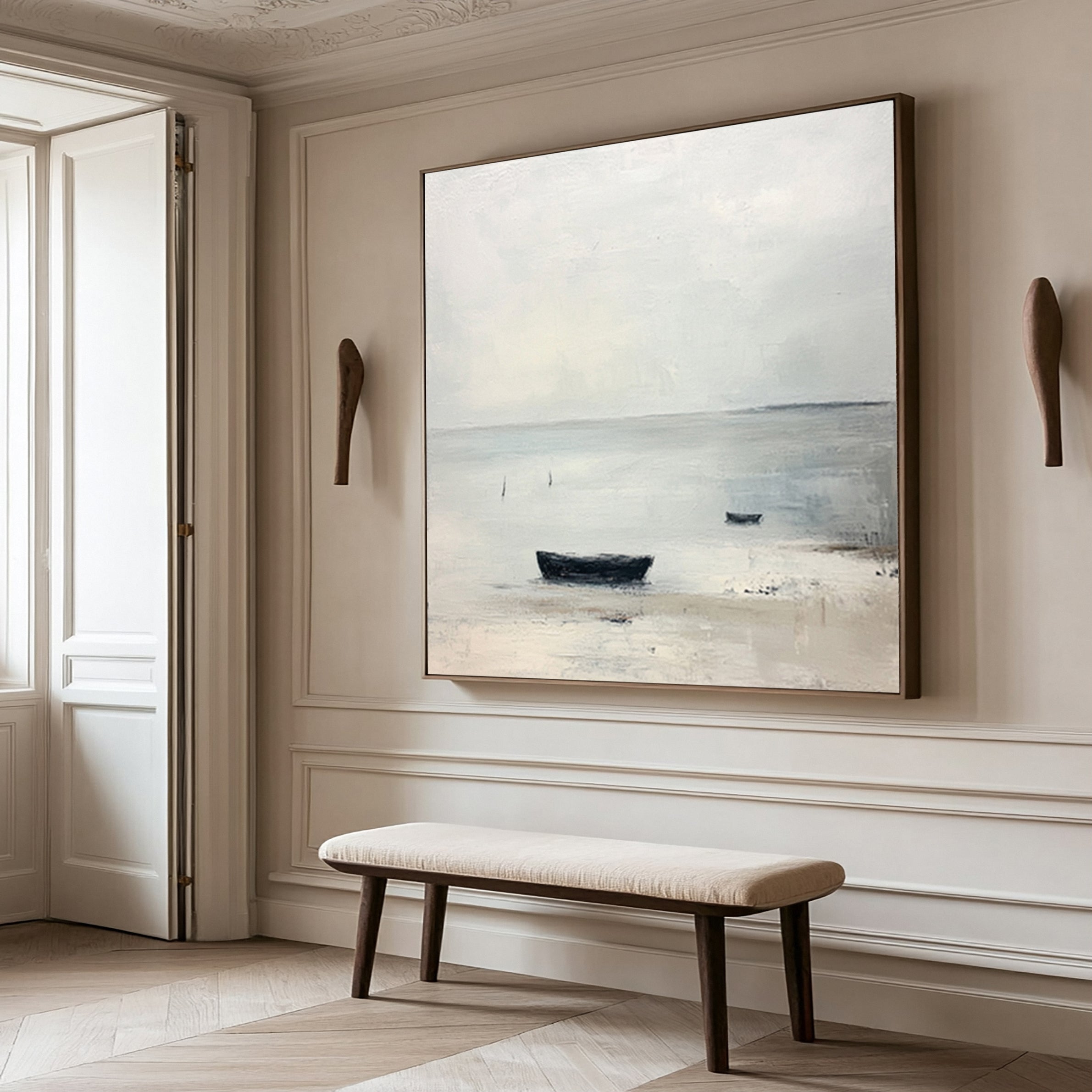 Quiet Coastal Solitude: Minimalist Beach Painting with Rowboat #MM631