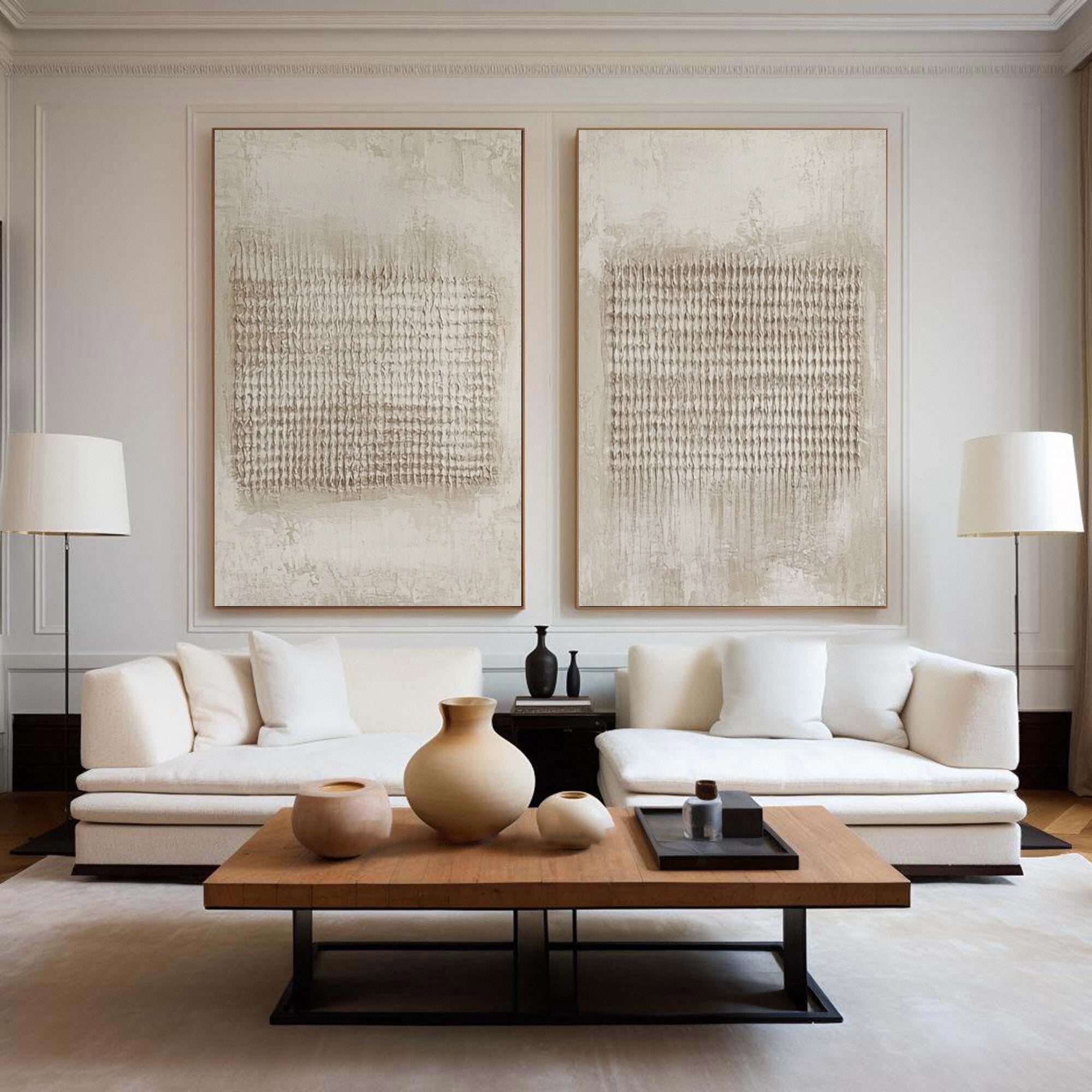Neutral Grid Texture Diptych: Minimalist Abstract with Markings #MM605