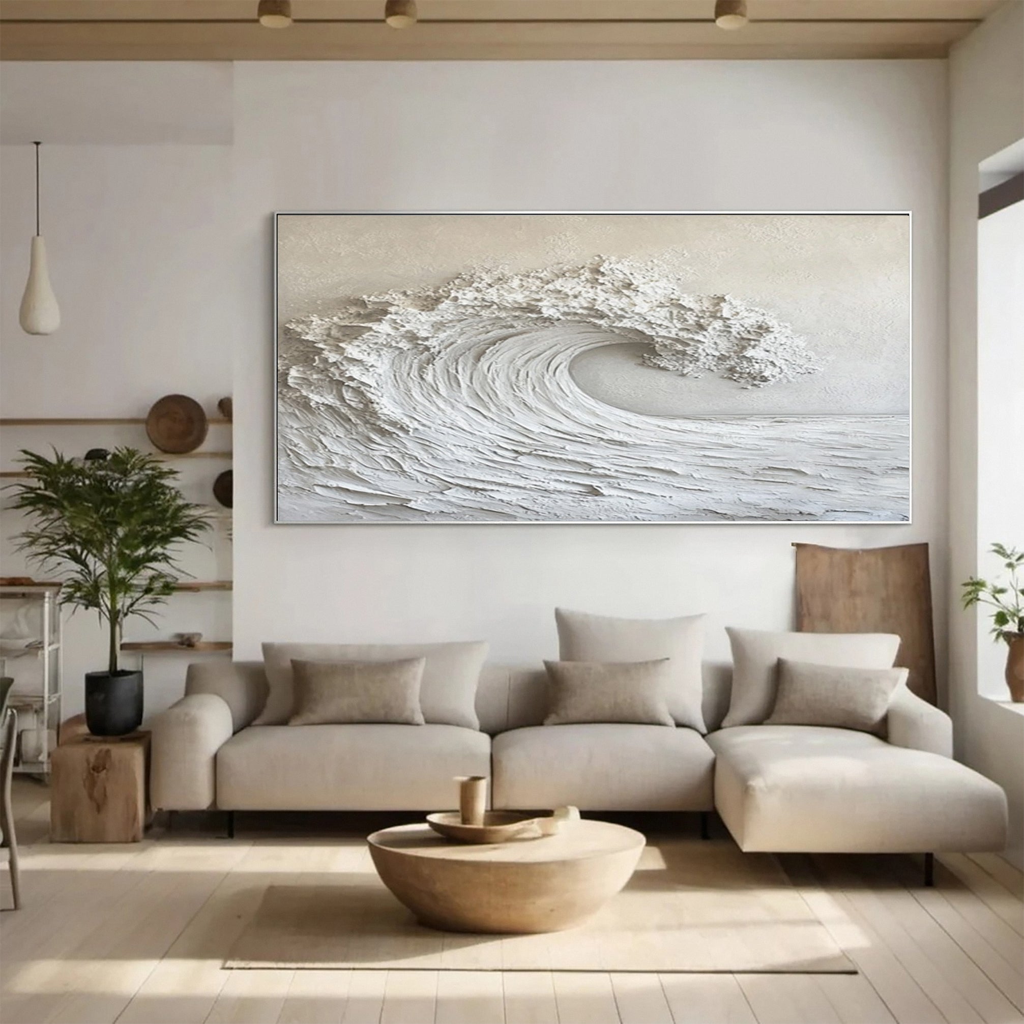 Modern Neutral Wave Art Large Coastal Canvas Decor #OP026