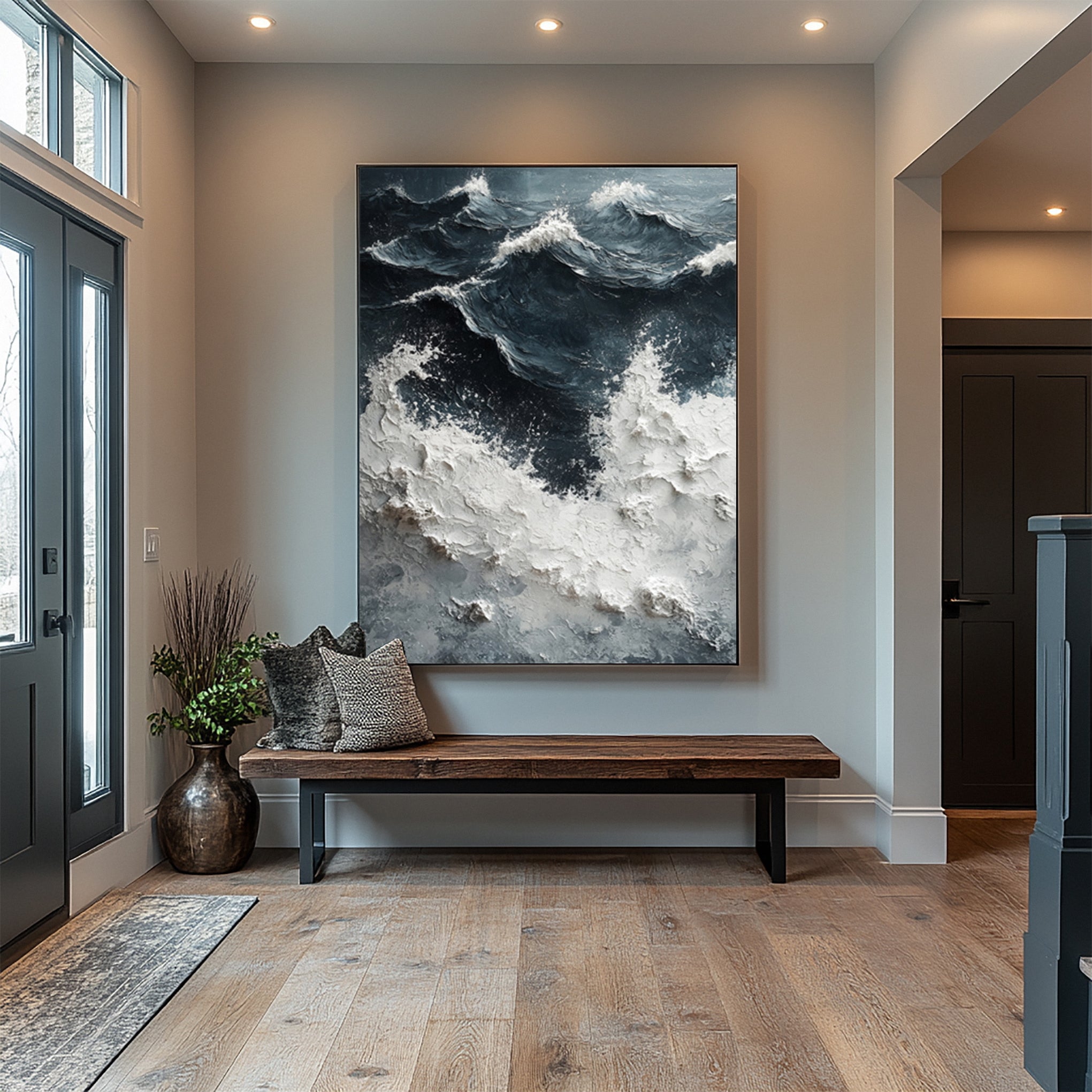 Noir Depths Surge: Dynamic Wave Art with Crashing Whitecaps #MM628
