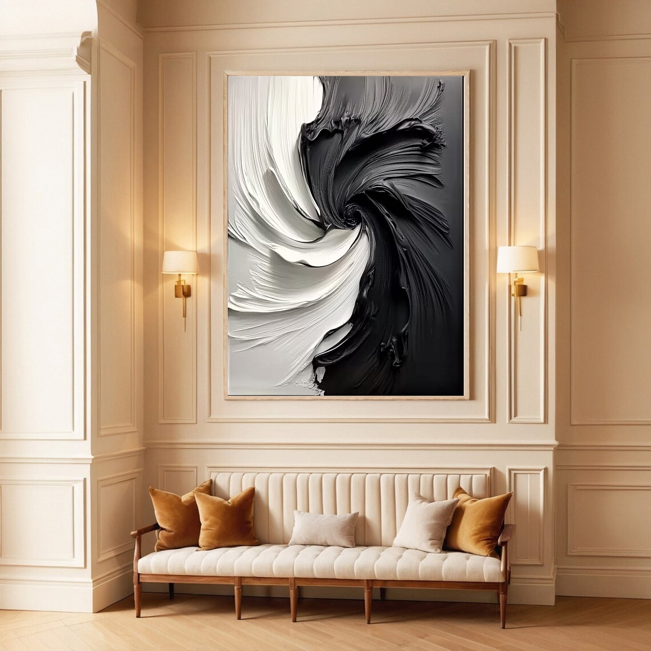 Large Black and White Abstract Swirl Canvas Wall Art #MM154