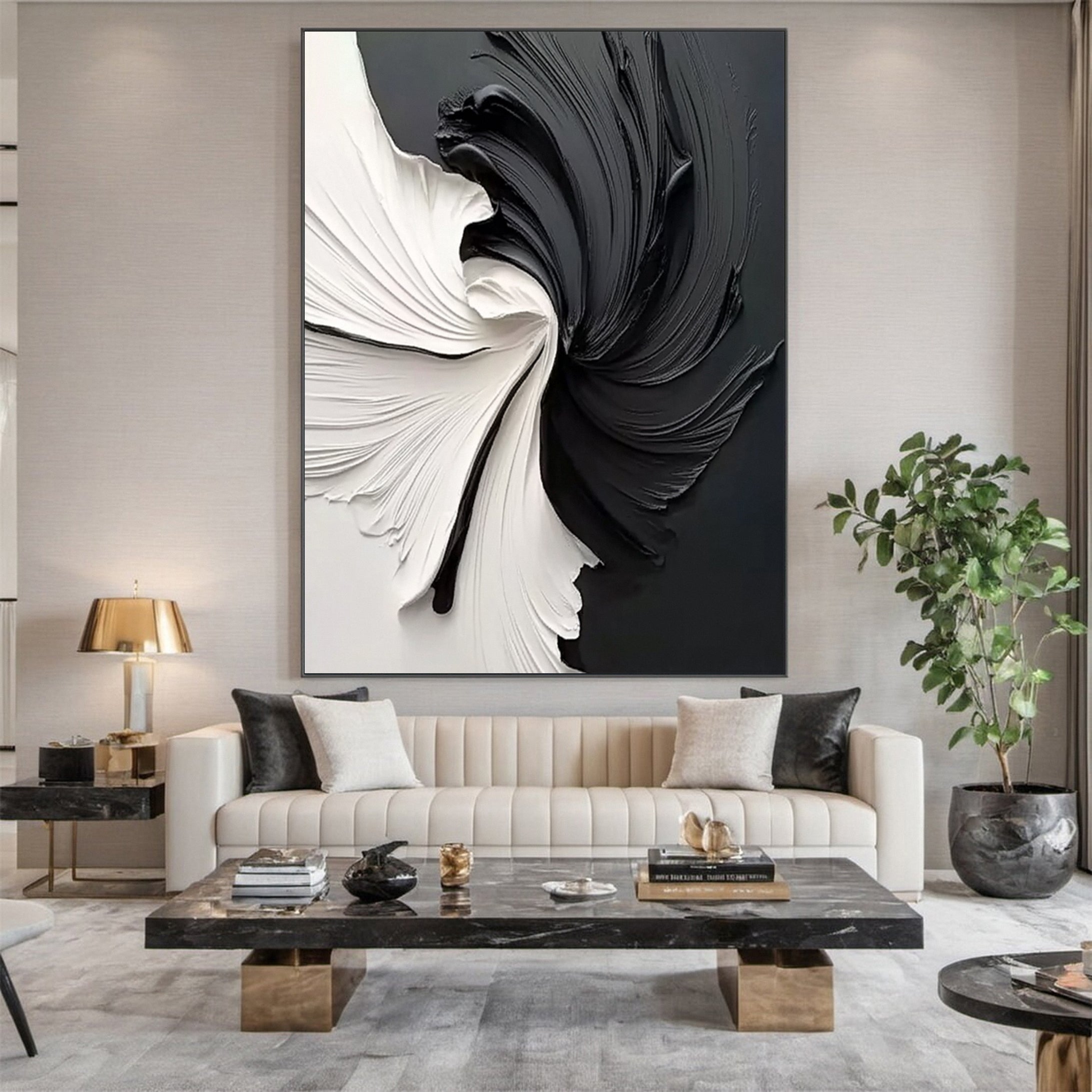 Oversized Black and White Textured Swirl Art Minimalist Decor #MM153