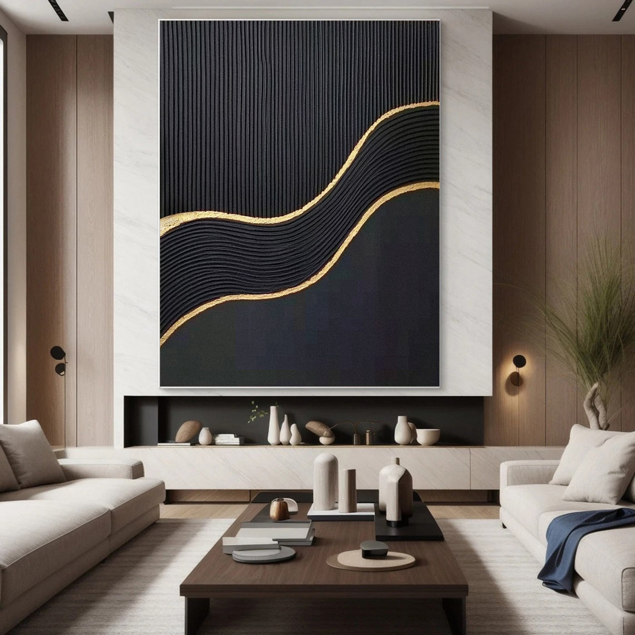 Modern Textured Wall Art in Black and Gold