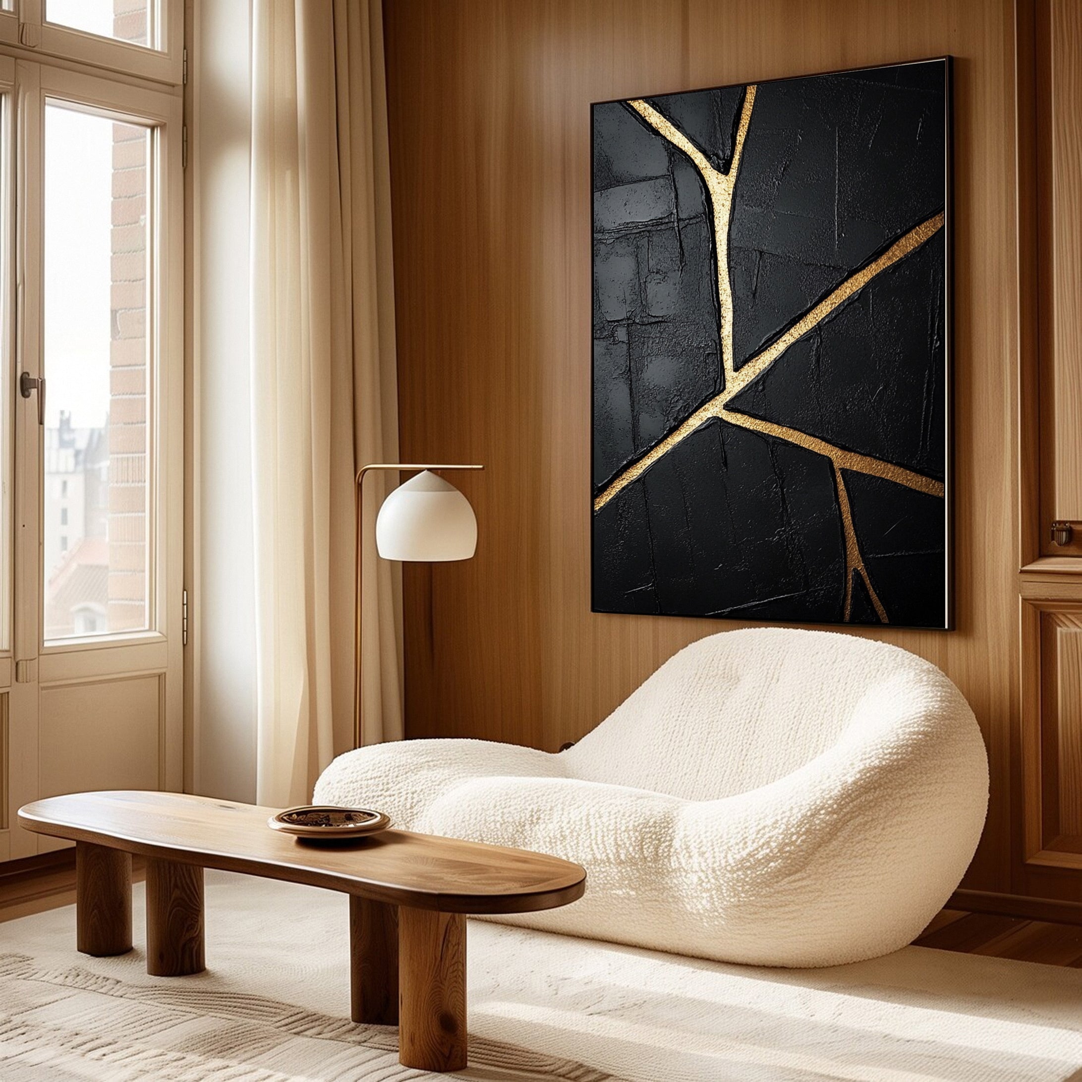 Gold Streaked Black Abstract Canvas for Elegant Interiors #MM109