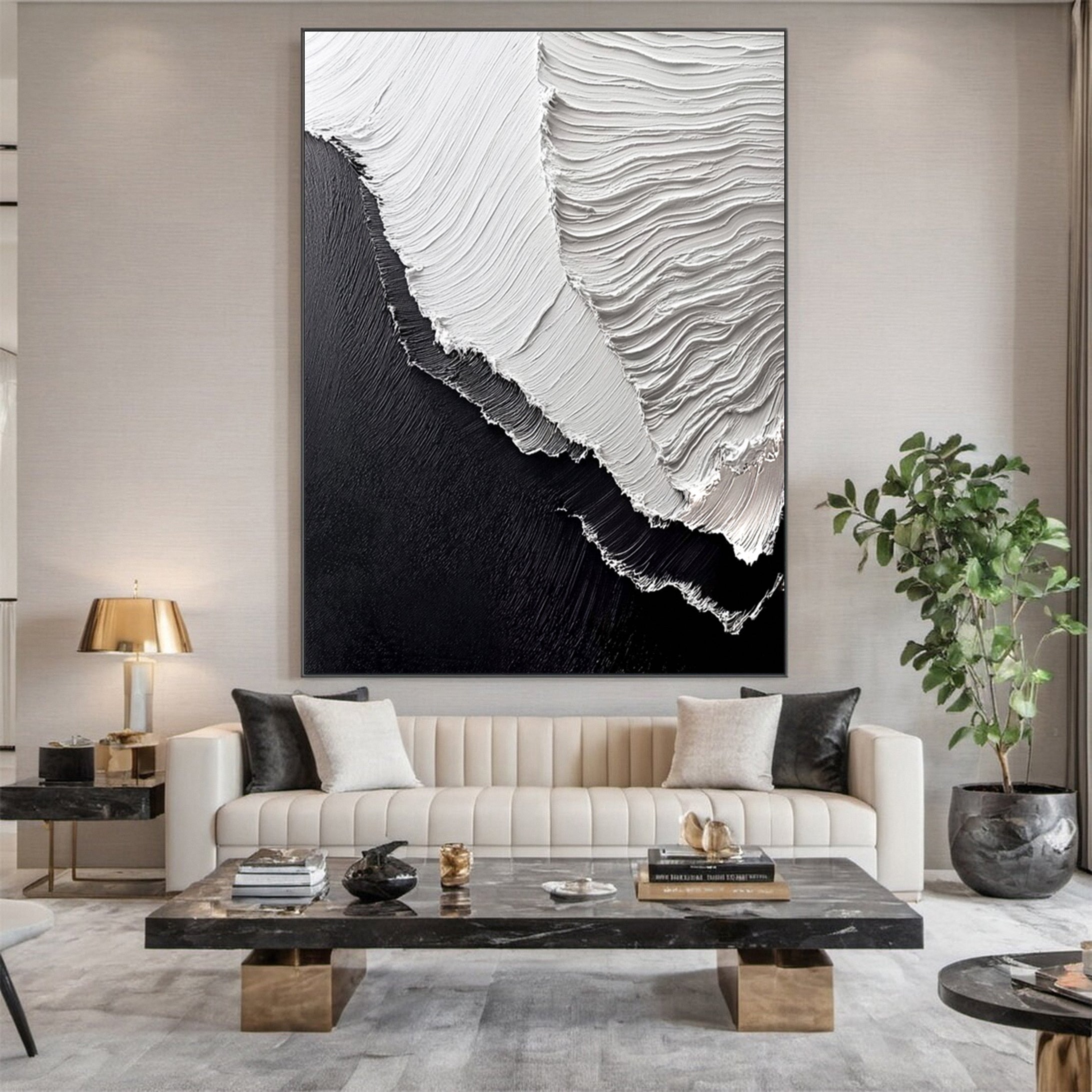 Waves Textured Canvas Black and White Abstract Art