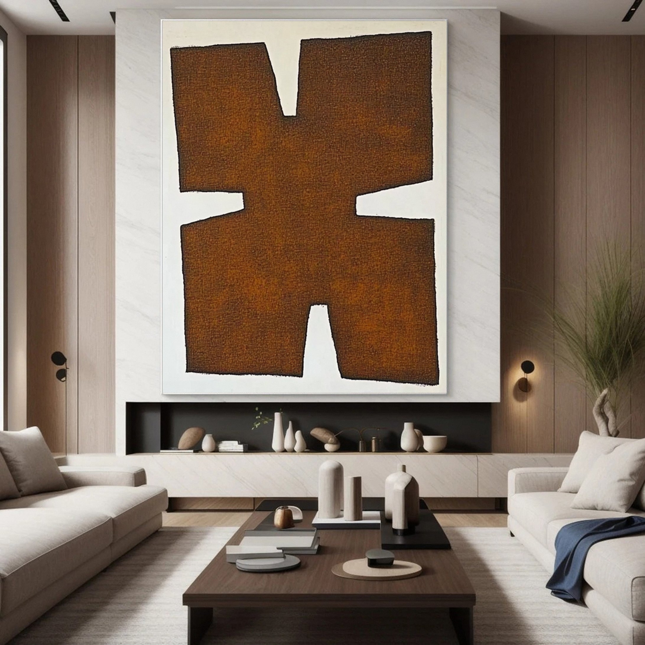 Brown and White Geometric Abstract Painting