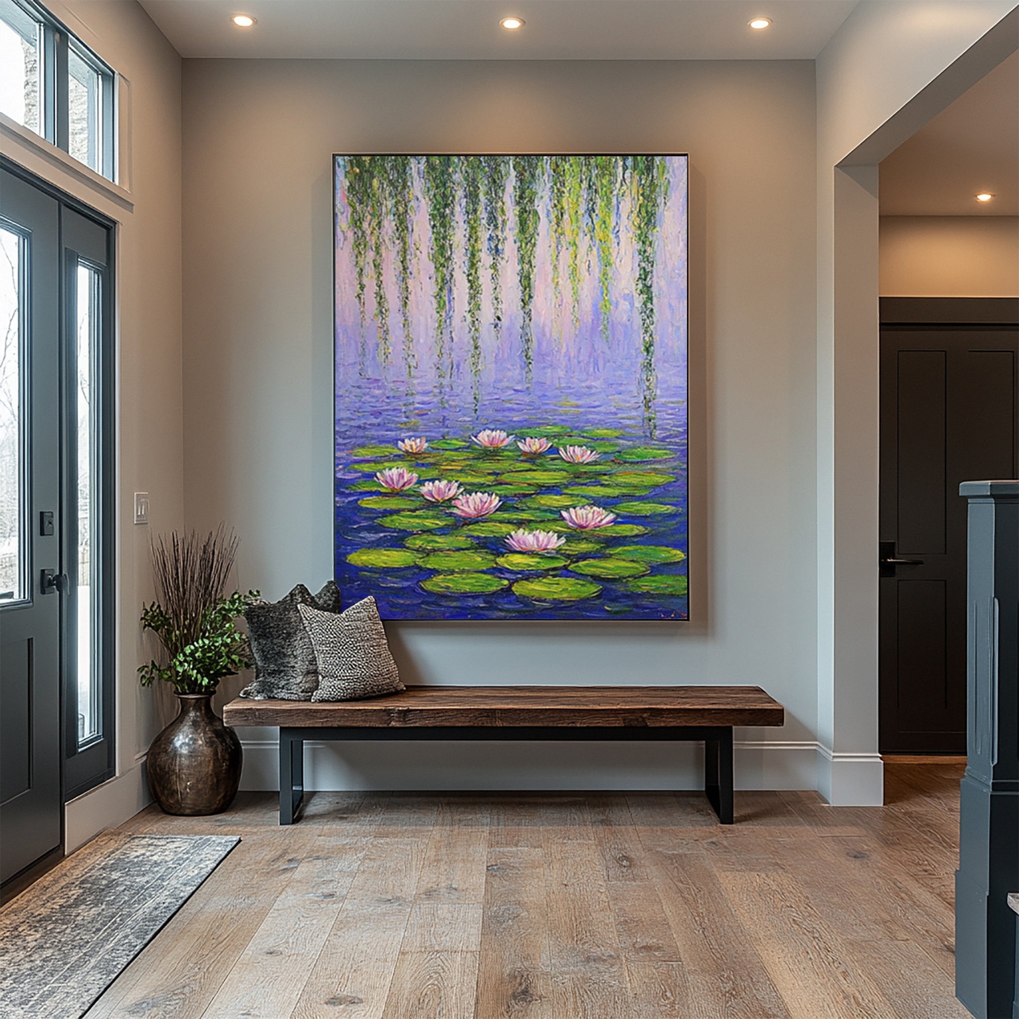 Pink Water Lilies Under Willow: Serene Pond Art, Monet Style #MM646