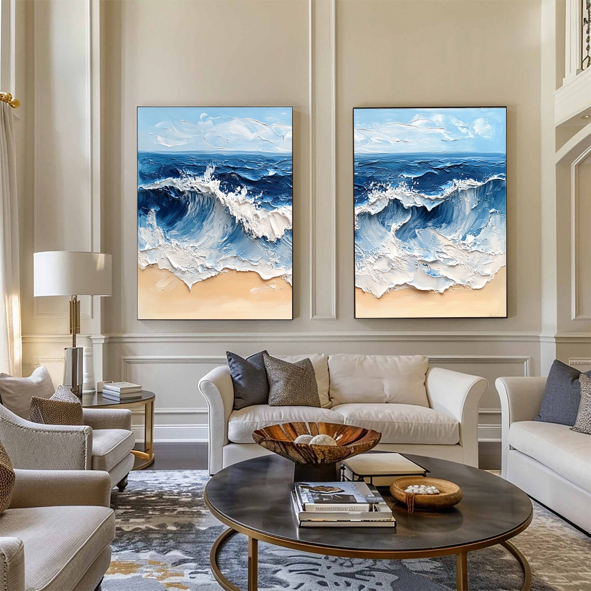 Ocean Wave Diptych Textured Abstract Coastal Canvas Art #OP033