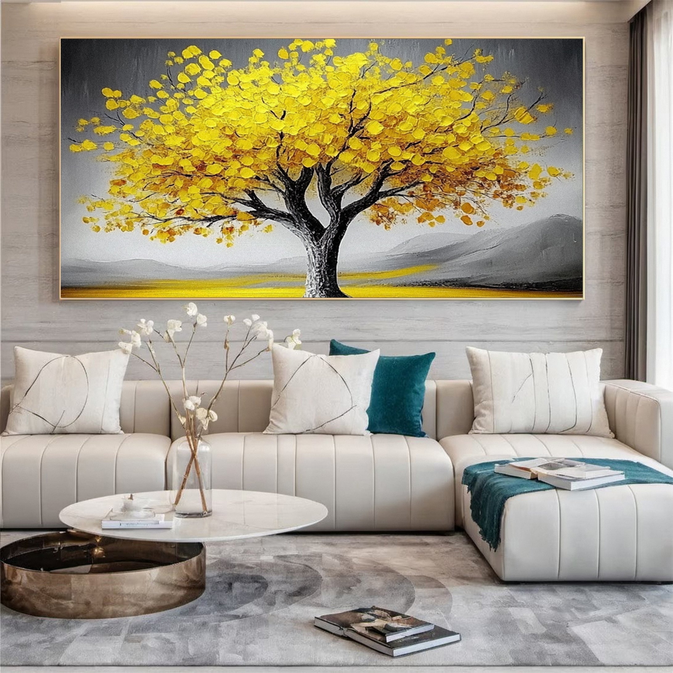 Large Abstract Tree Wall Art Yellow Color and Dynamic Texture #TP029