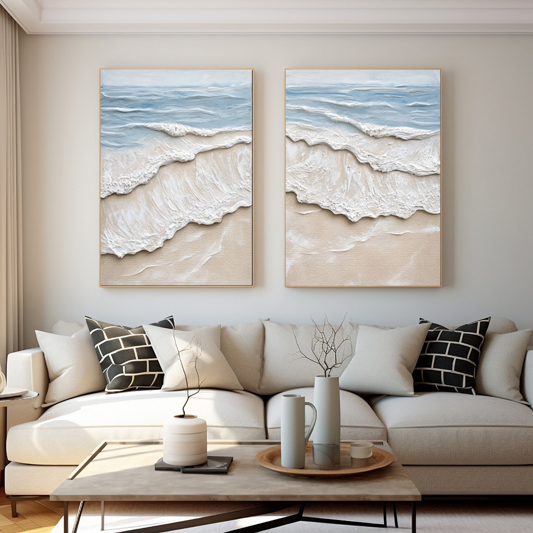 Textured Coastal Wash Diptych: Aerial Seascape with 3D Waves #MM641