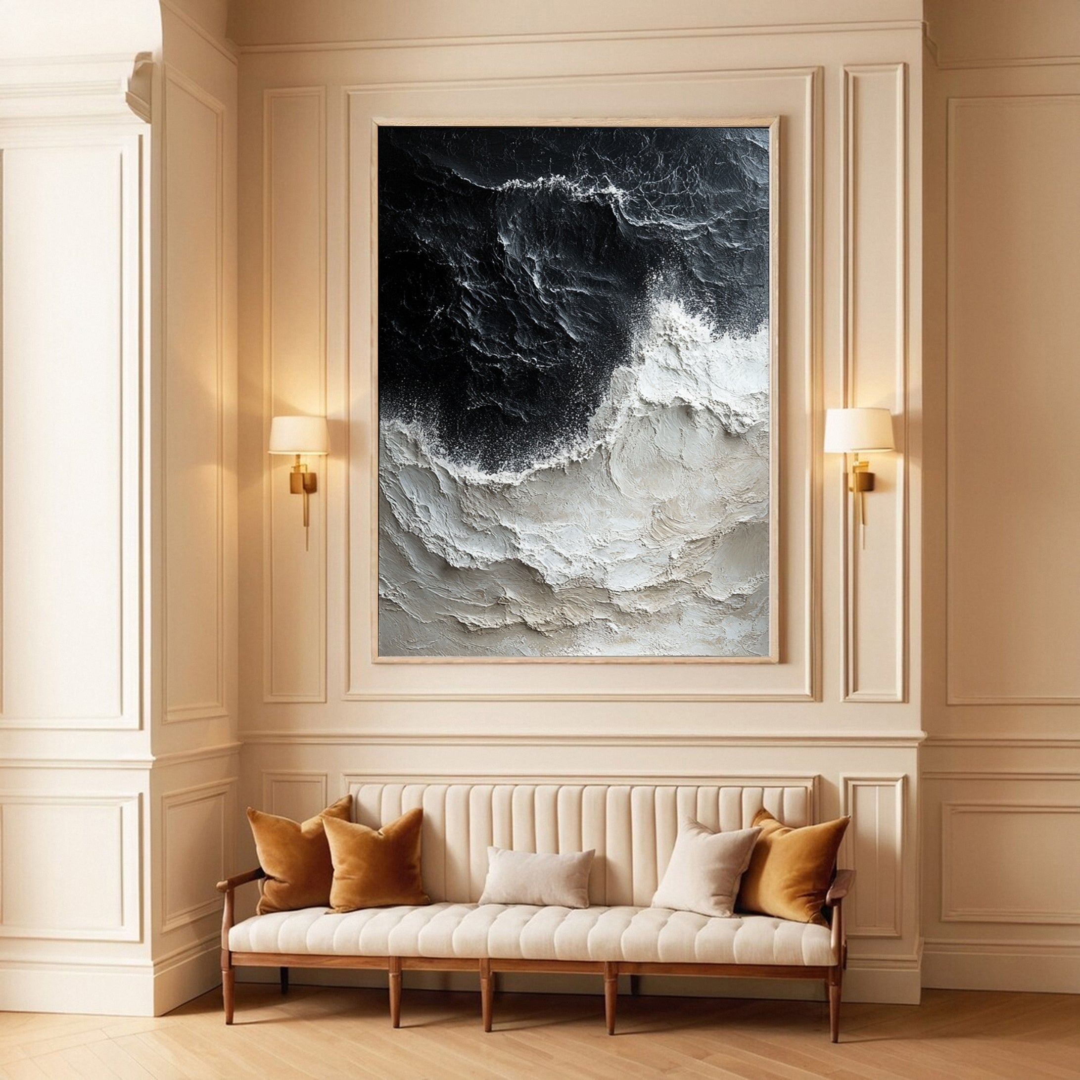 Abstract Black and Beige Wall Art Textured Ocean Canvas Decor #OP040