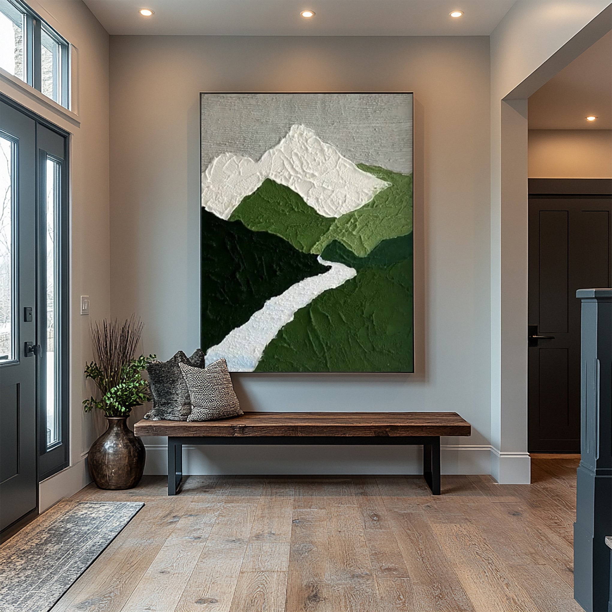 Textured Mountain River: Minimalist Landscape Art with Peaks #MM639