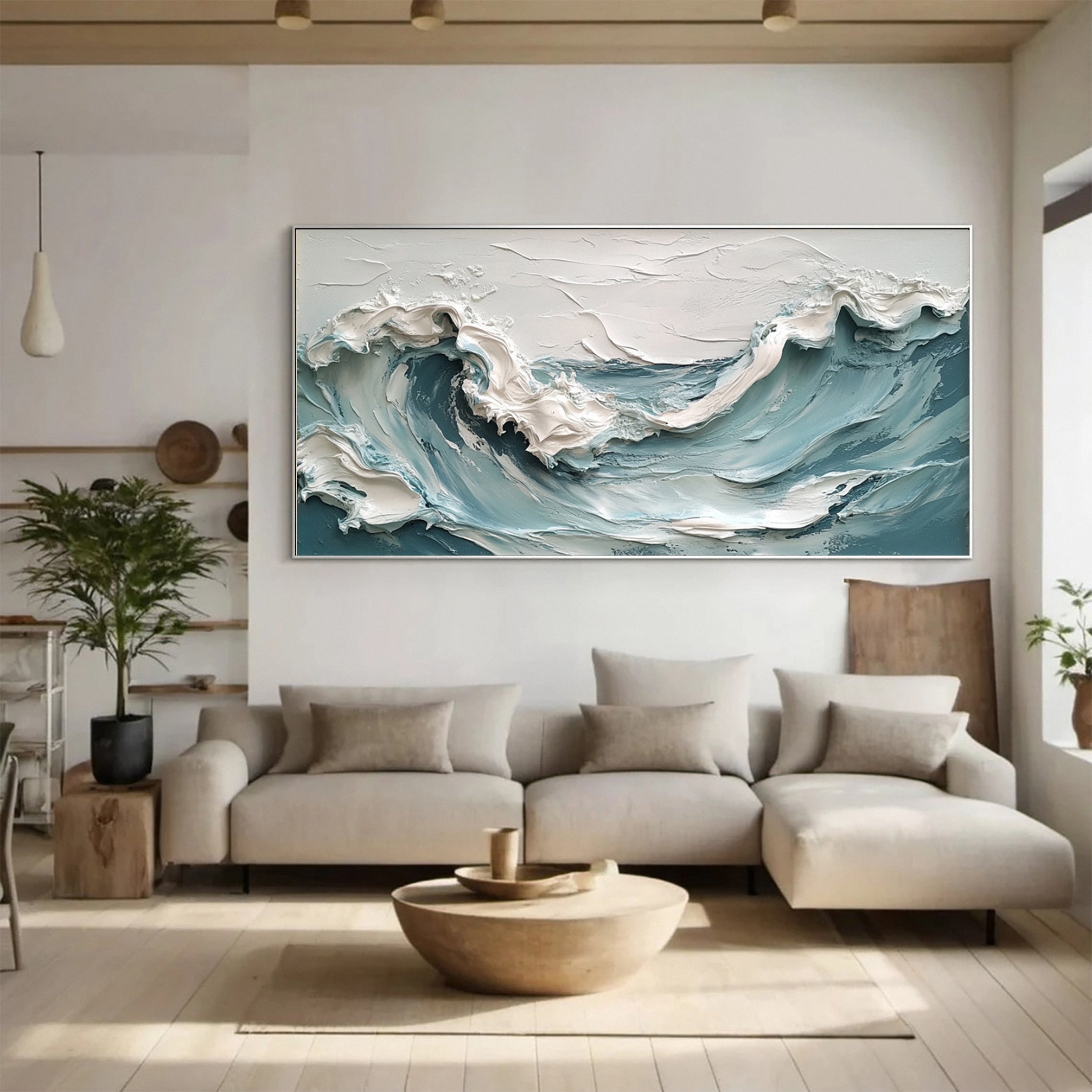 Textured Ocean Wave Painting Modern Coastal Canvas Art for House #OP017