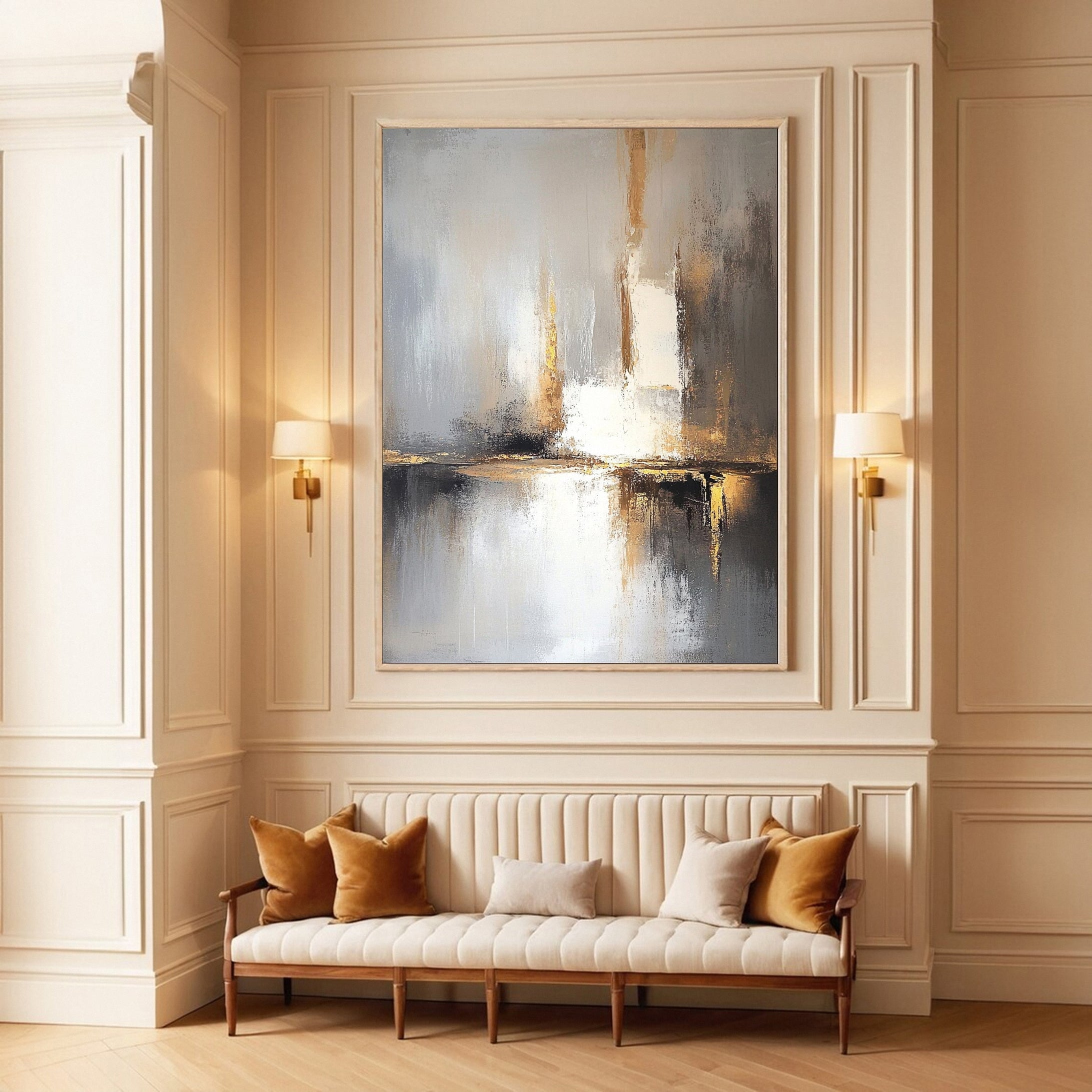 Elegant Abstract Painting in Gold and Grey Tones #AB054