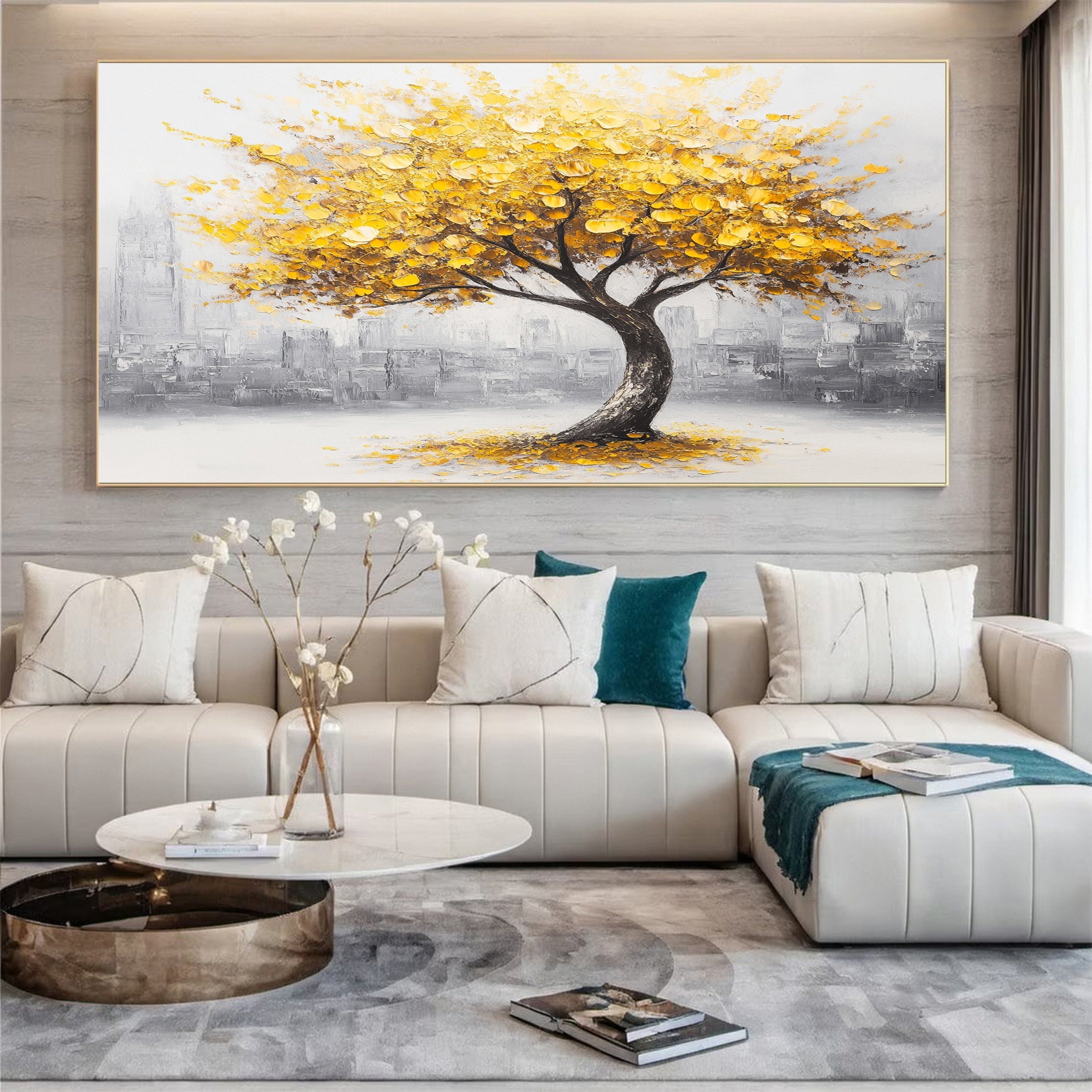 Modern Tree in City Artwork Warm Tones and Urban Charm #TP033