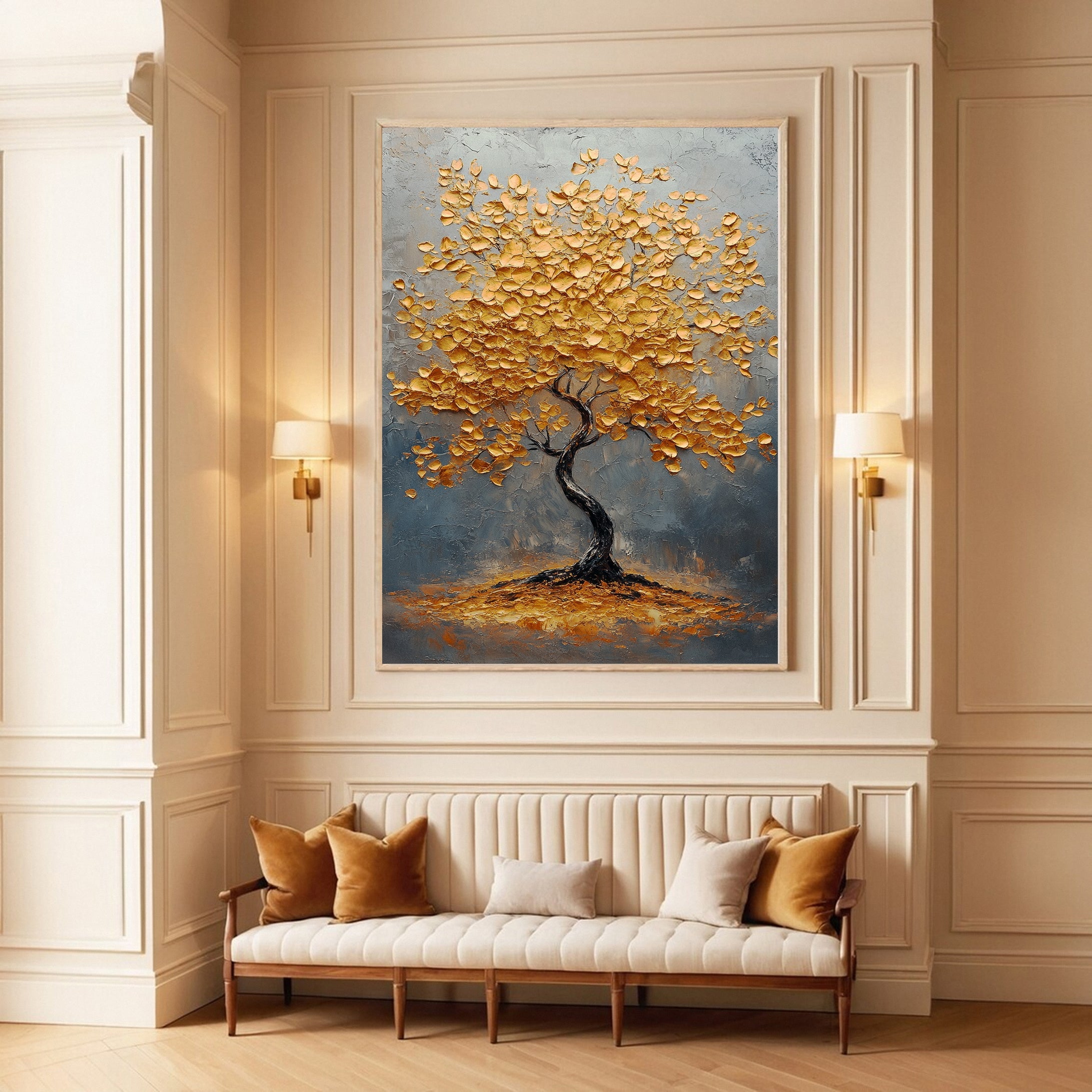 Golden Tree Wall Art Luxury Textured Canvas Painting For House #TP040