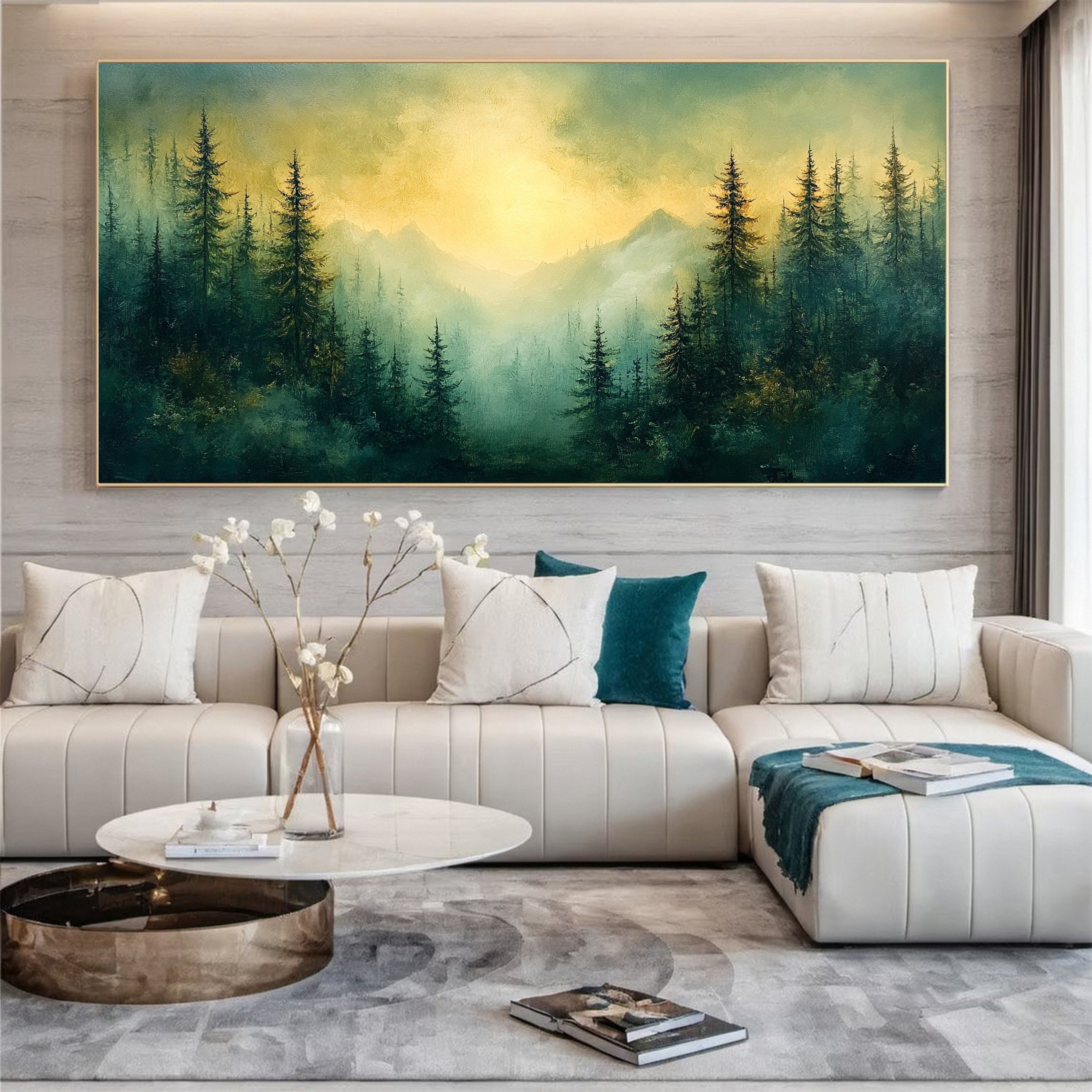 Serene Forest Landscape Wall Art Sunrise Canvas Painting #TP035