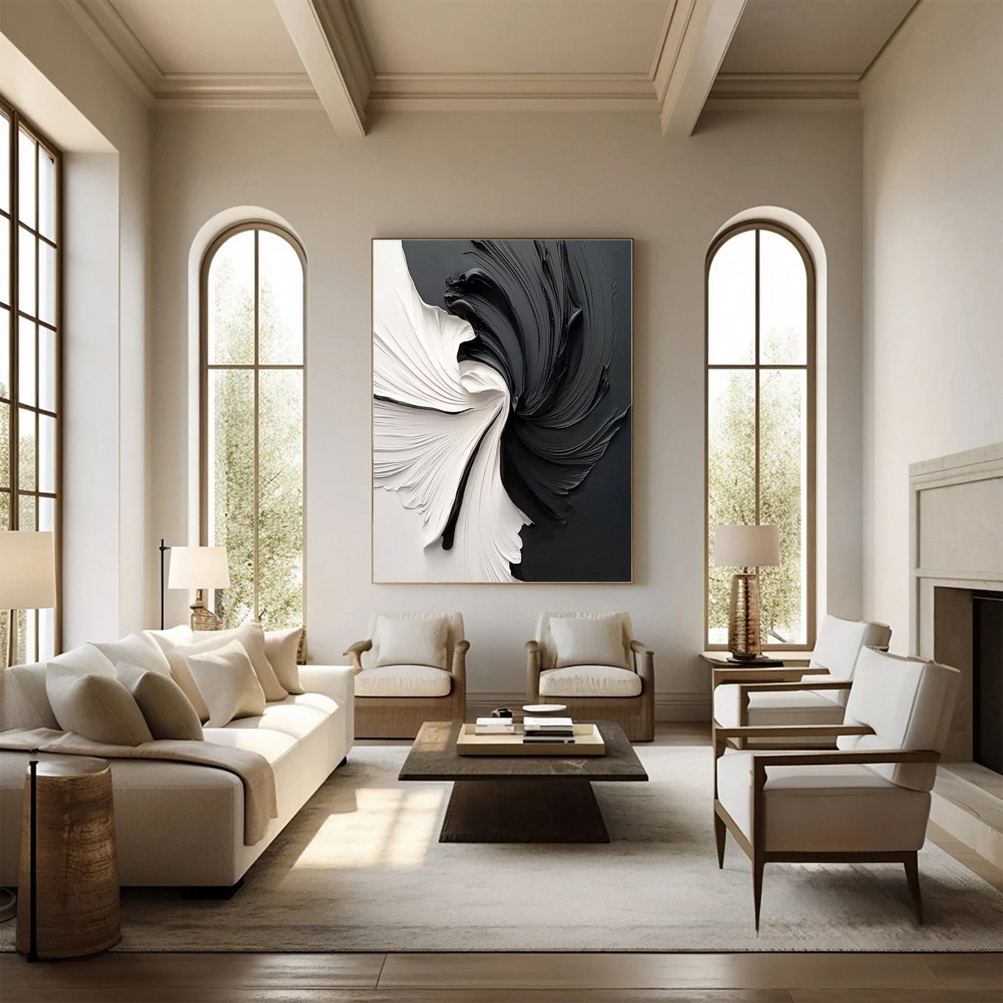 Oversized Black and White Textured Swirl Art Minimalist Decor #MM153