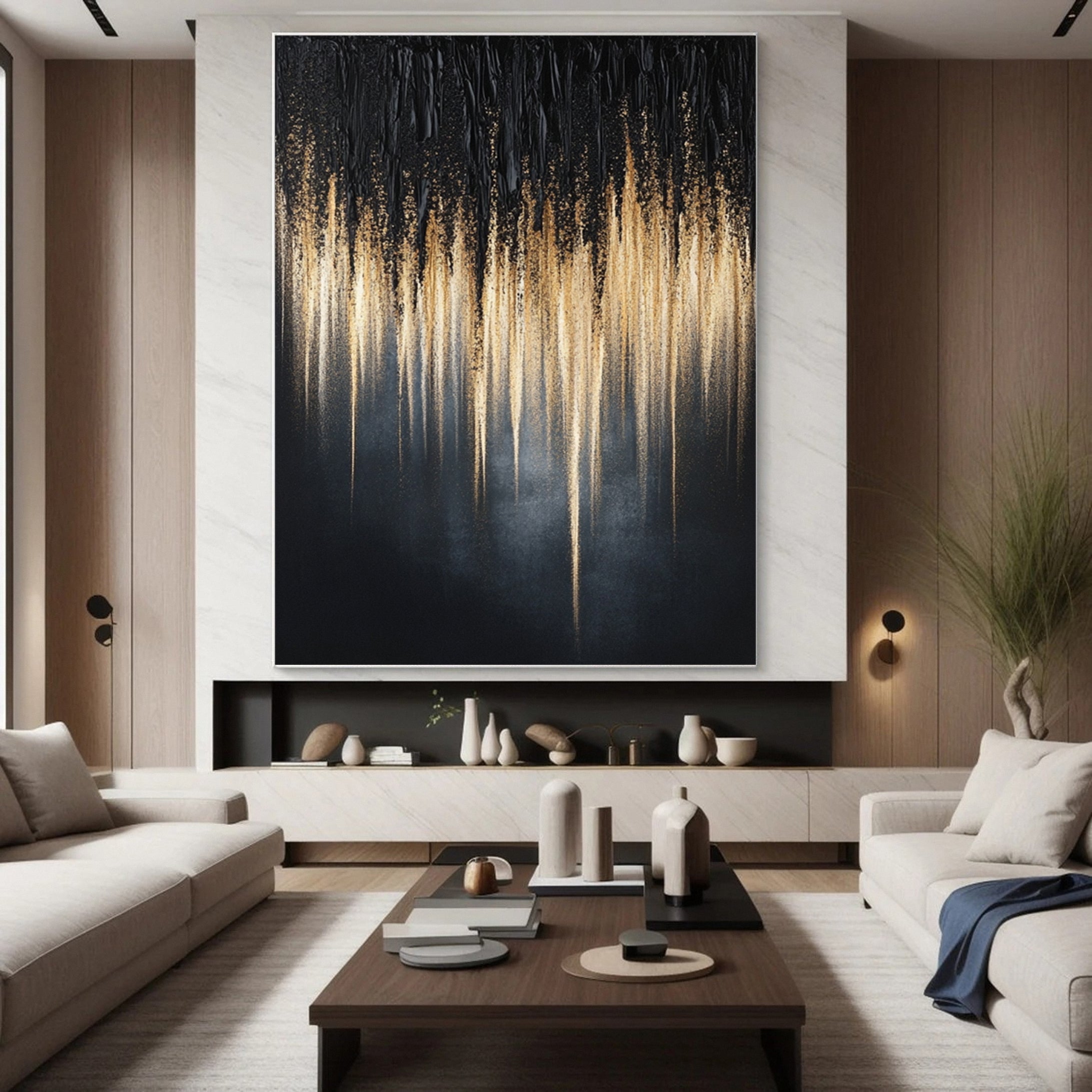 Large Black and Gold Abstract Wall Art Textured Canvas #MM149