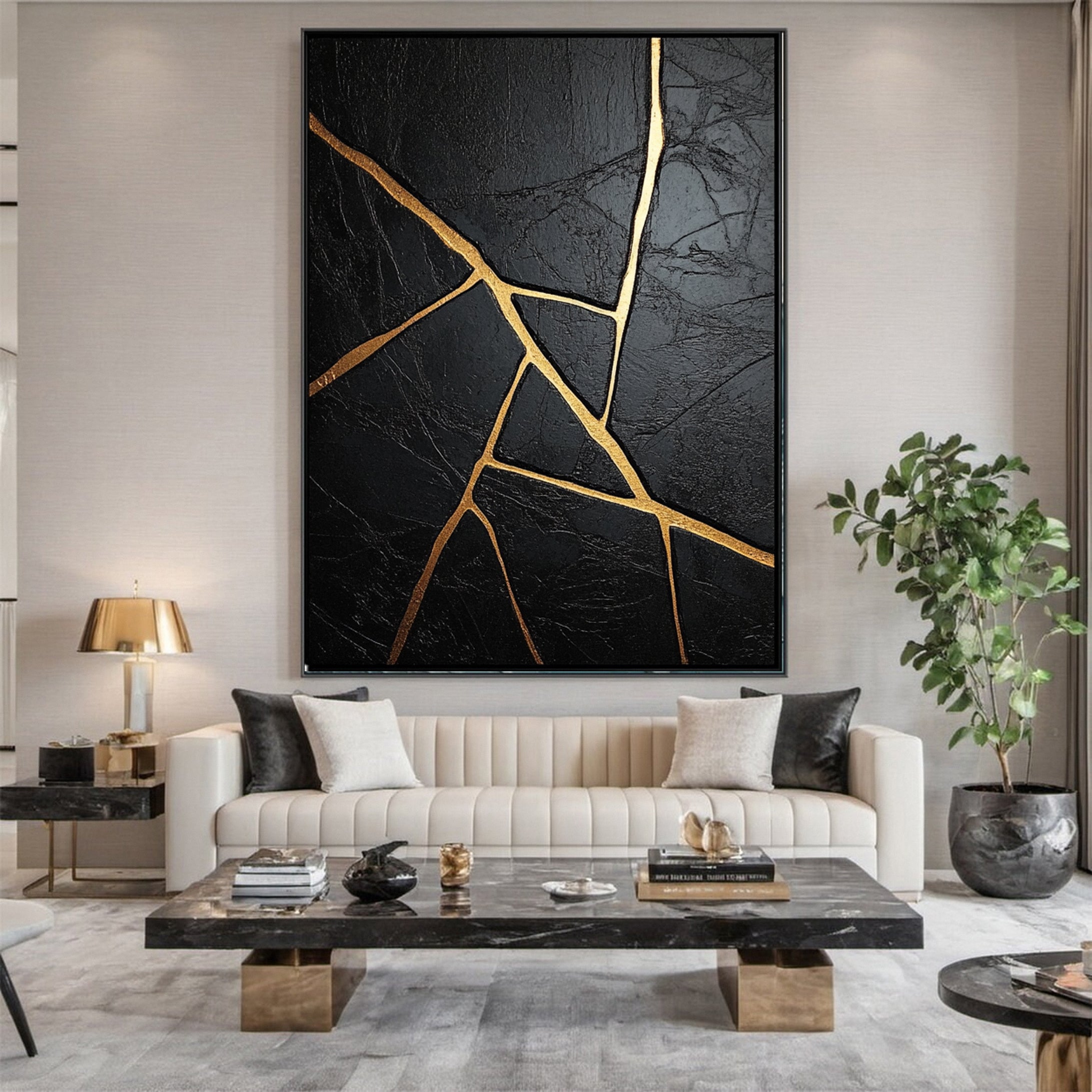 Modern Black Canvas with Gold Streaks Abstract Decor #MM108