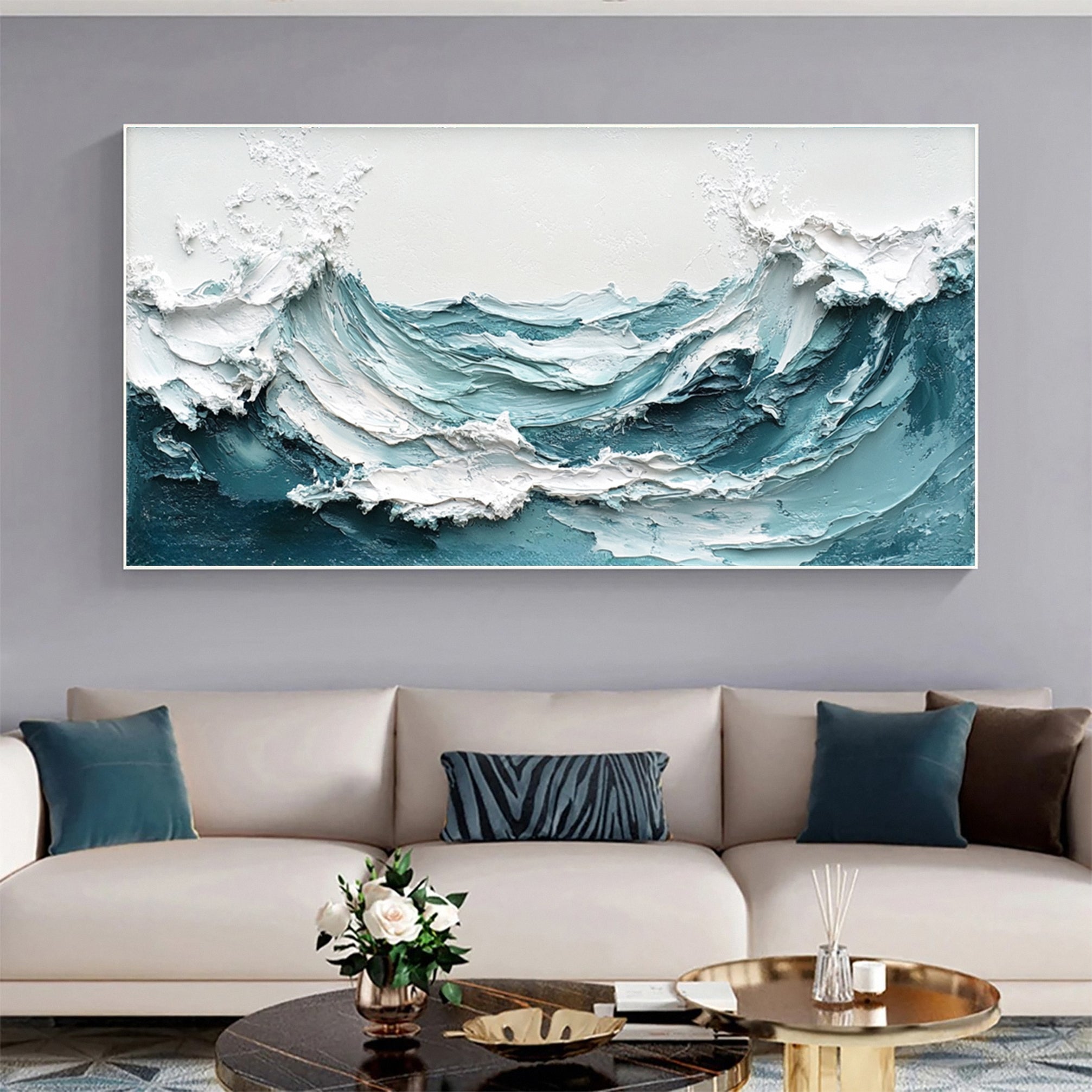 Chic Blue Wave Painting for Sophisticated Homes Decor #OP016