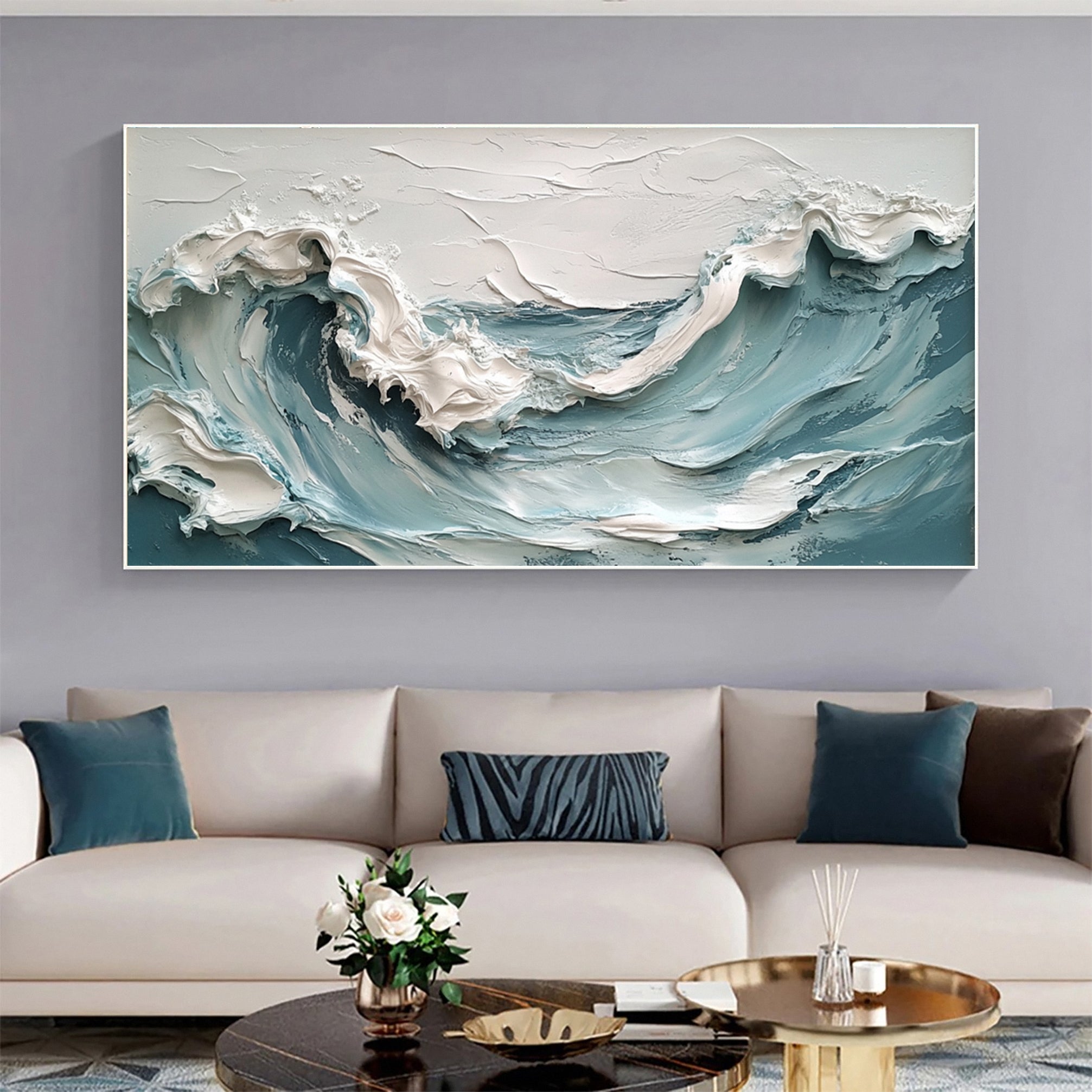 Textured Ocean Wave Painting Modern Coastal Canvas Art for House #OP017