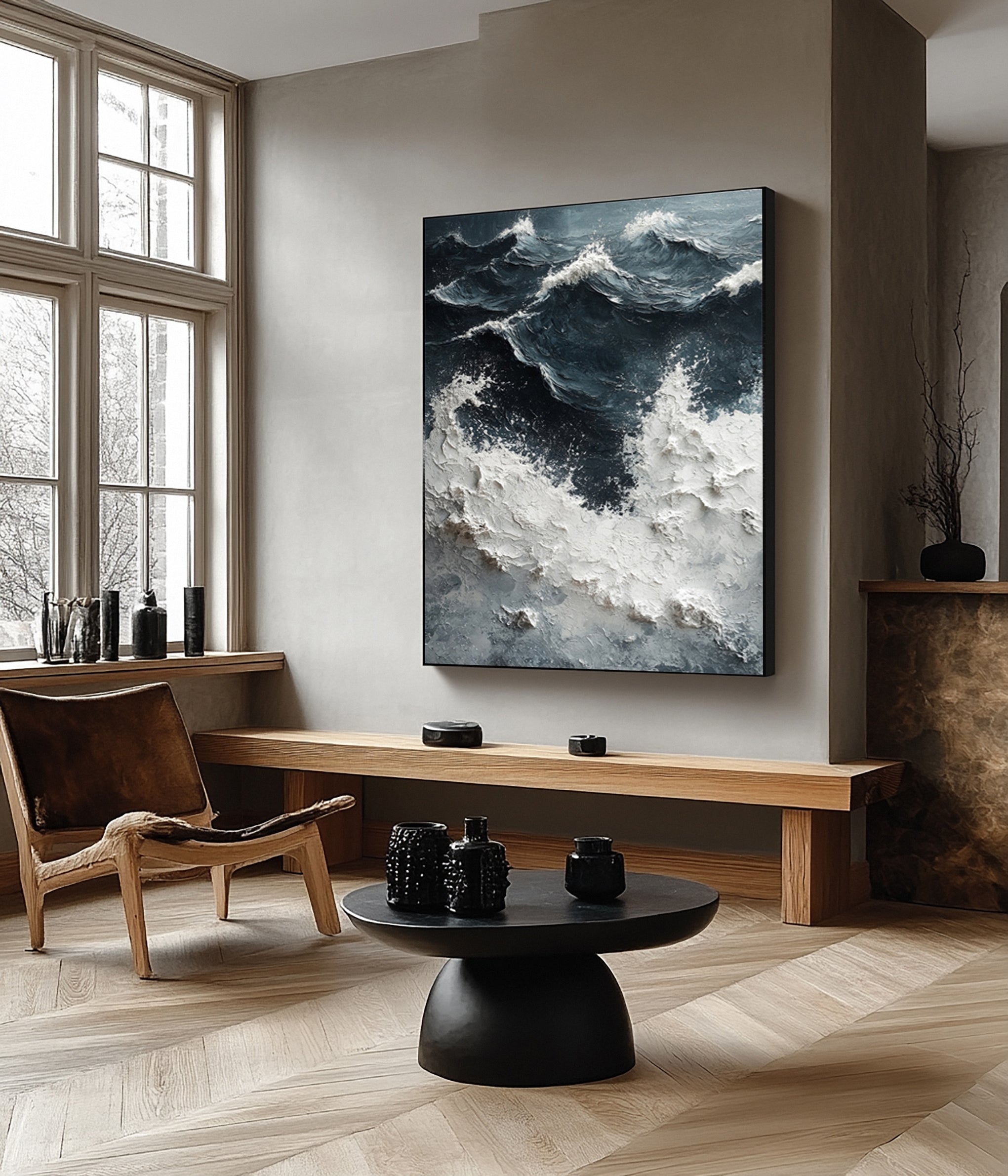 Noir Depths Surge: Dynamic Wave Art with Crashing Whitecaps #MM628