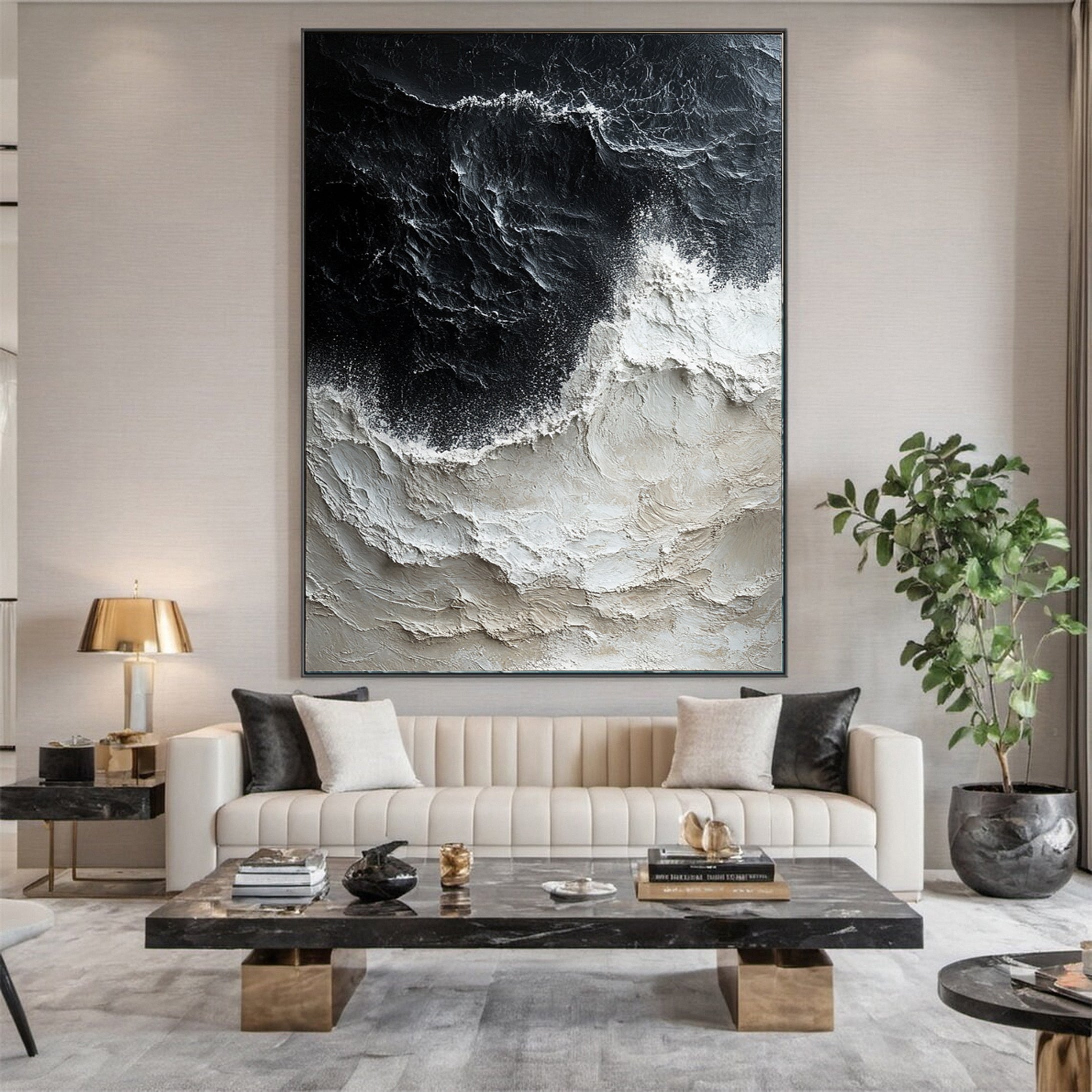 Abstract Black and Beige Wall Art Textured Ocean Canvas