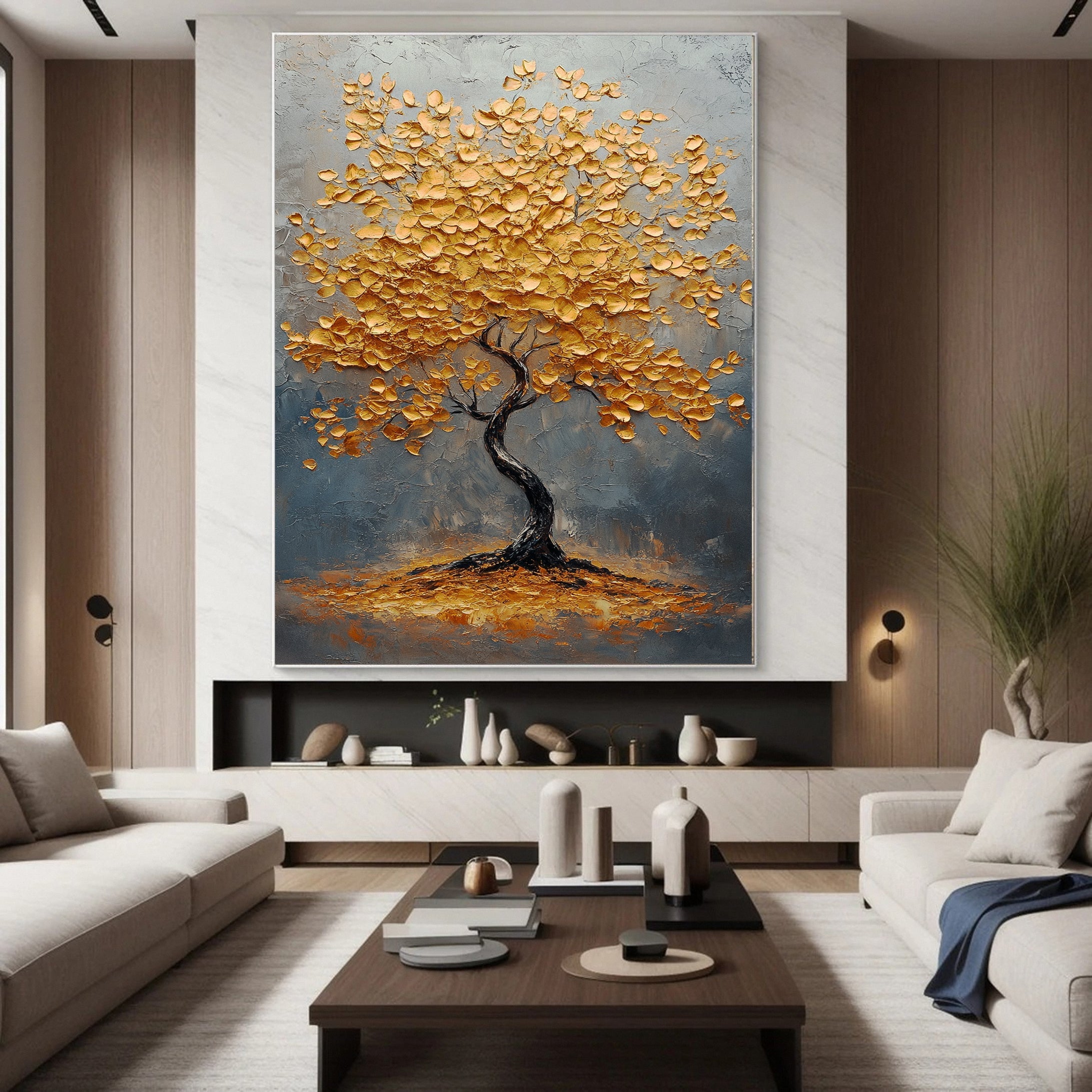 Golden Tree Wall Art Luxury Textured Canvas Painting