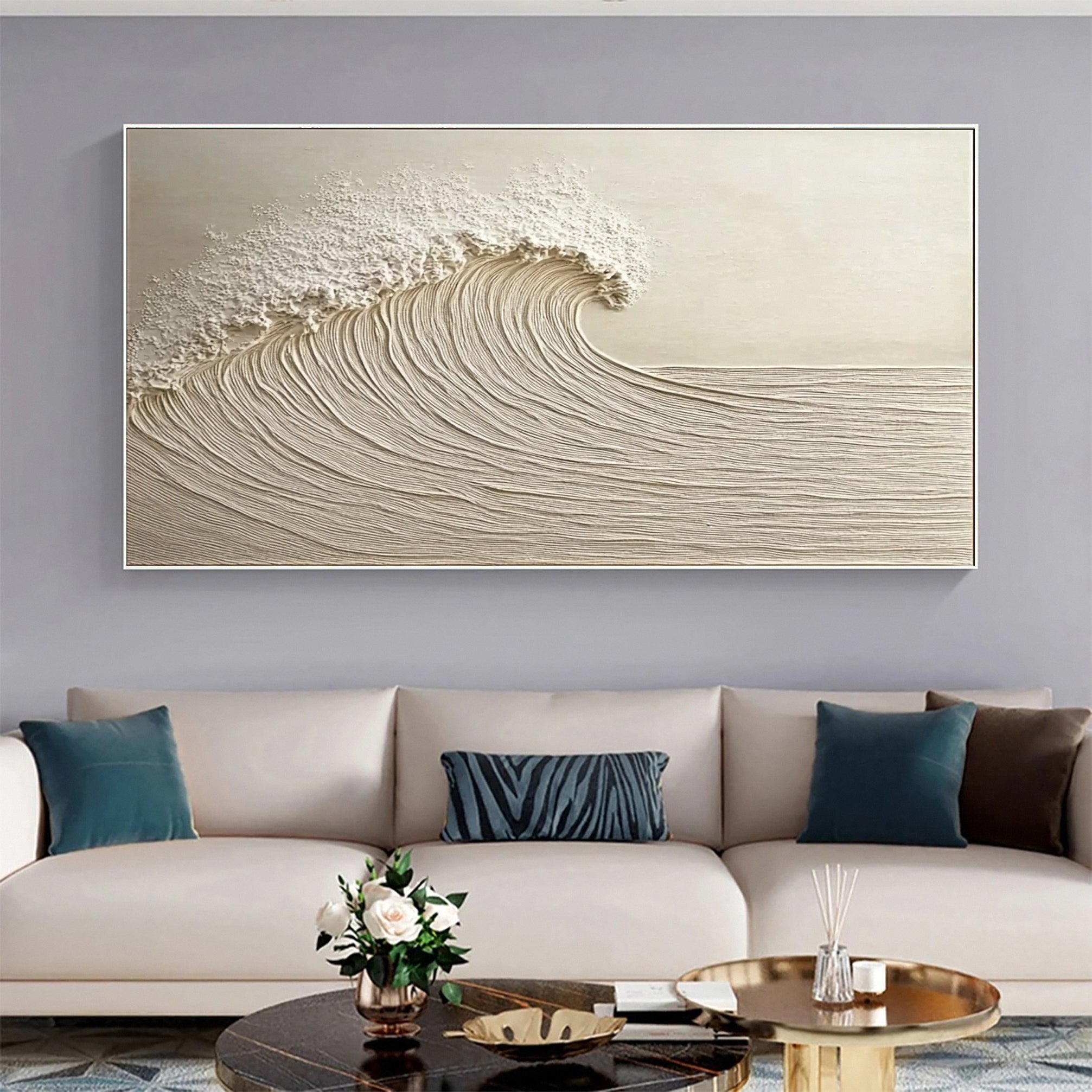 Textured Neutral Wave Canvas Abstract Coastal Wall Art for Home #OP048