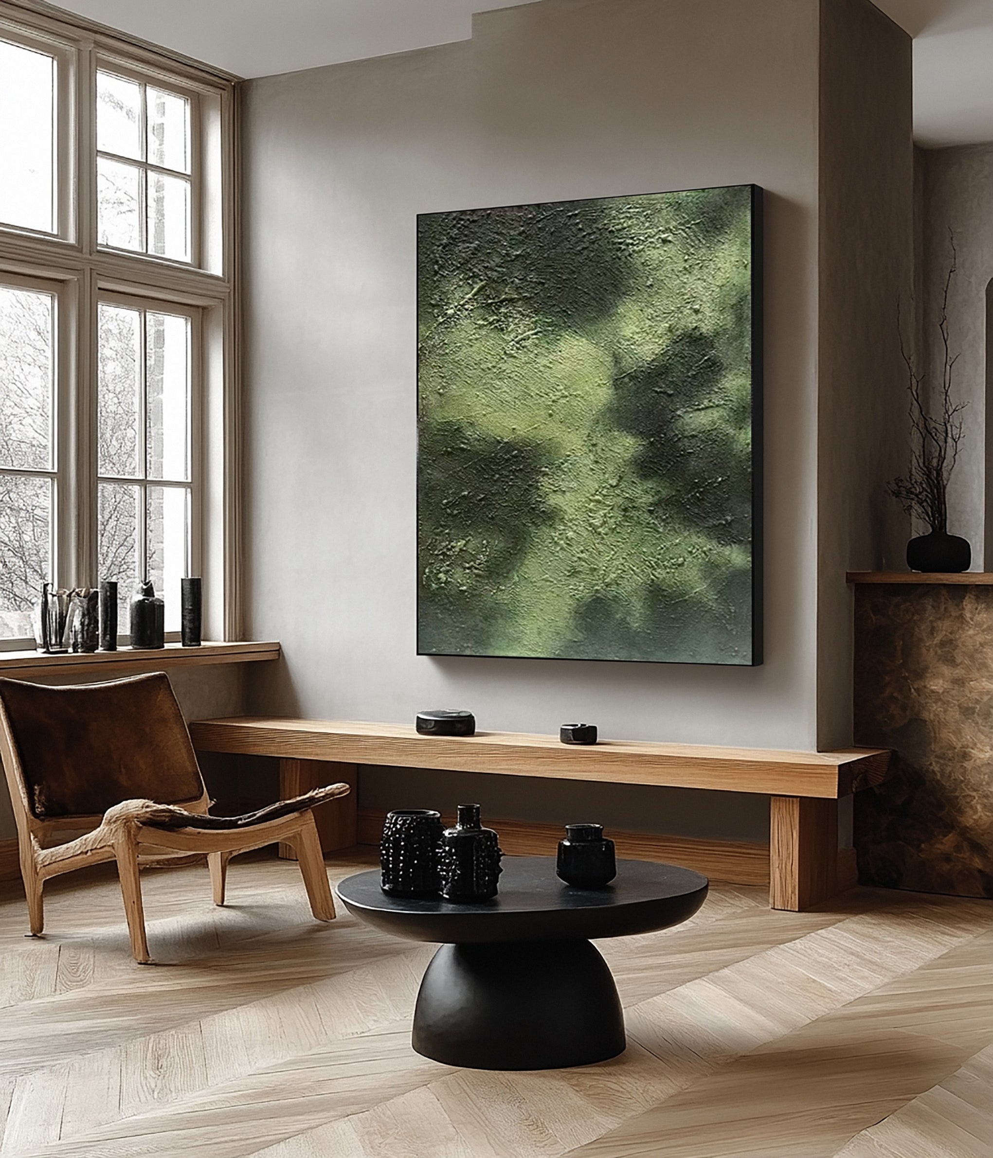 Textured Verdant Depths: Abstract Art in Layered Greens #MM635