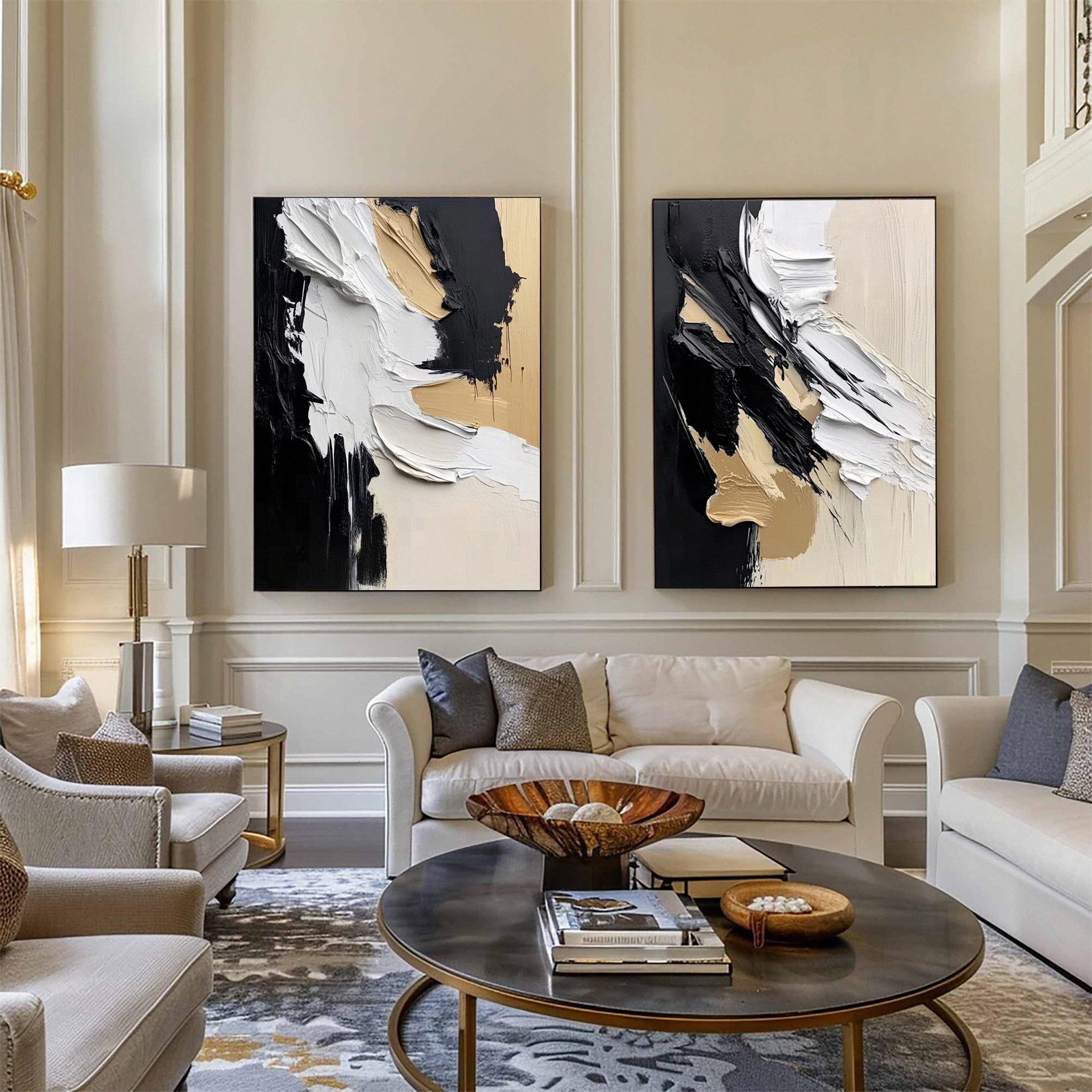 Abstract Black and Beige Textured Canvas Modern Wall Art Diptych #MMS055